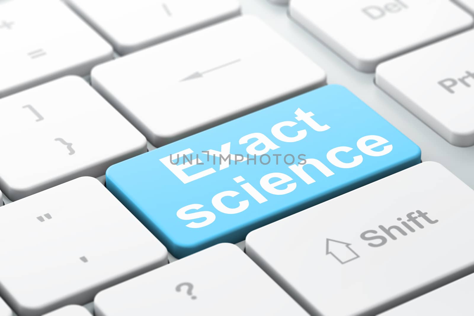 Science concept: computer keyboard with word Exact Science, selected focus on enter button background, 3D rendering