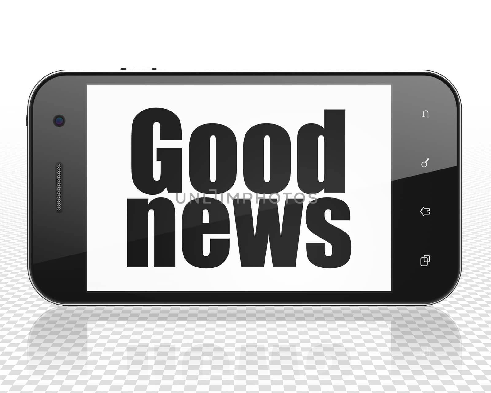 News concept: Smartphone with black text Good News on display, 3D rendering
