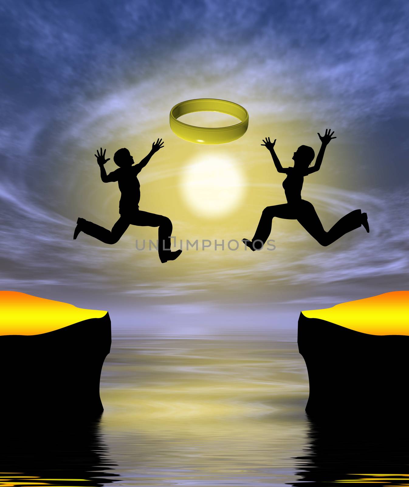 Humorous metaphor of couple jumping the cliff trying to catch the wedding ring  similar to a life ring