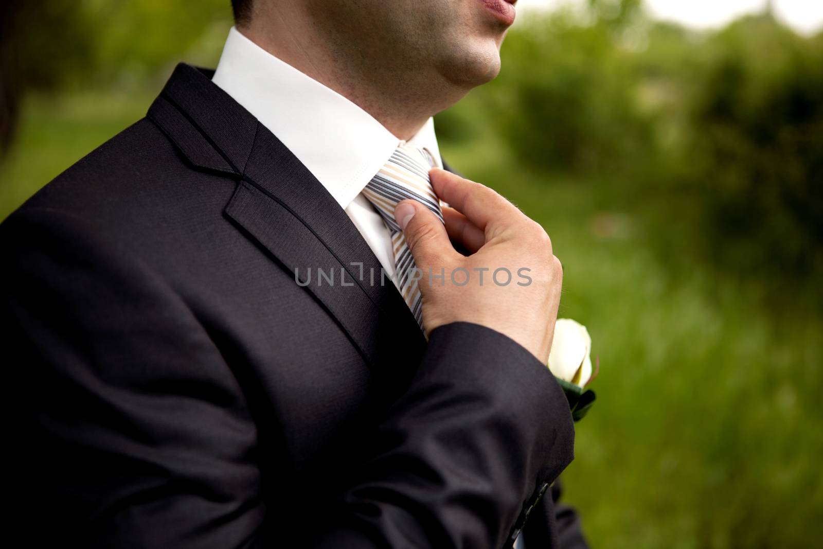 The groom in a suit, corrects a tie with his hand. by sermax55