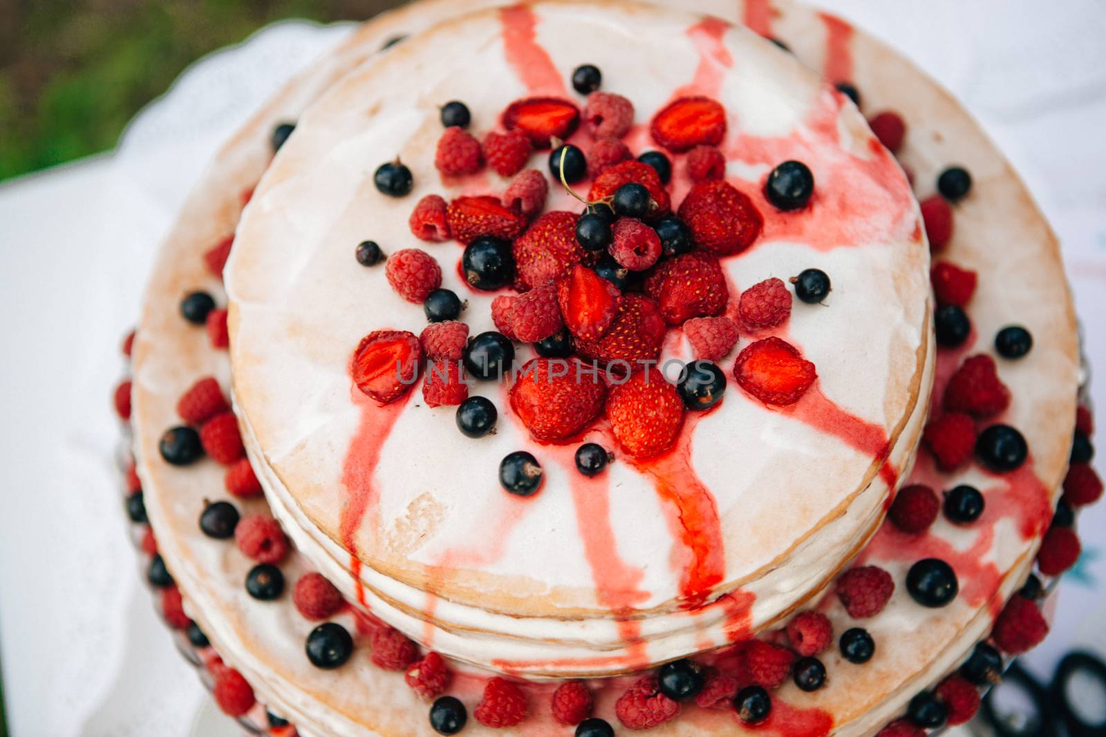 Blueberry currant crimson cake. Close-up top view