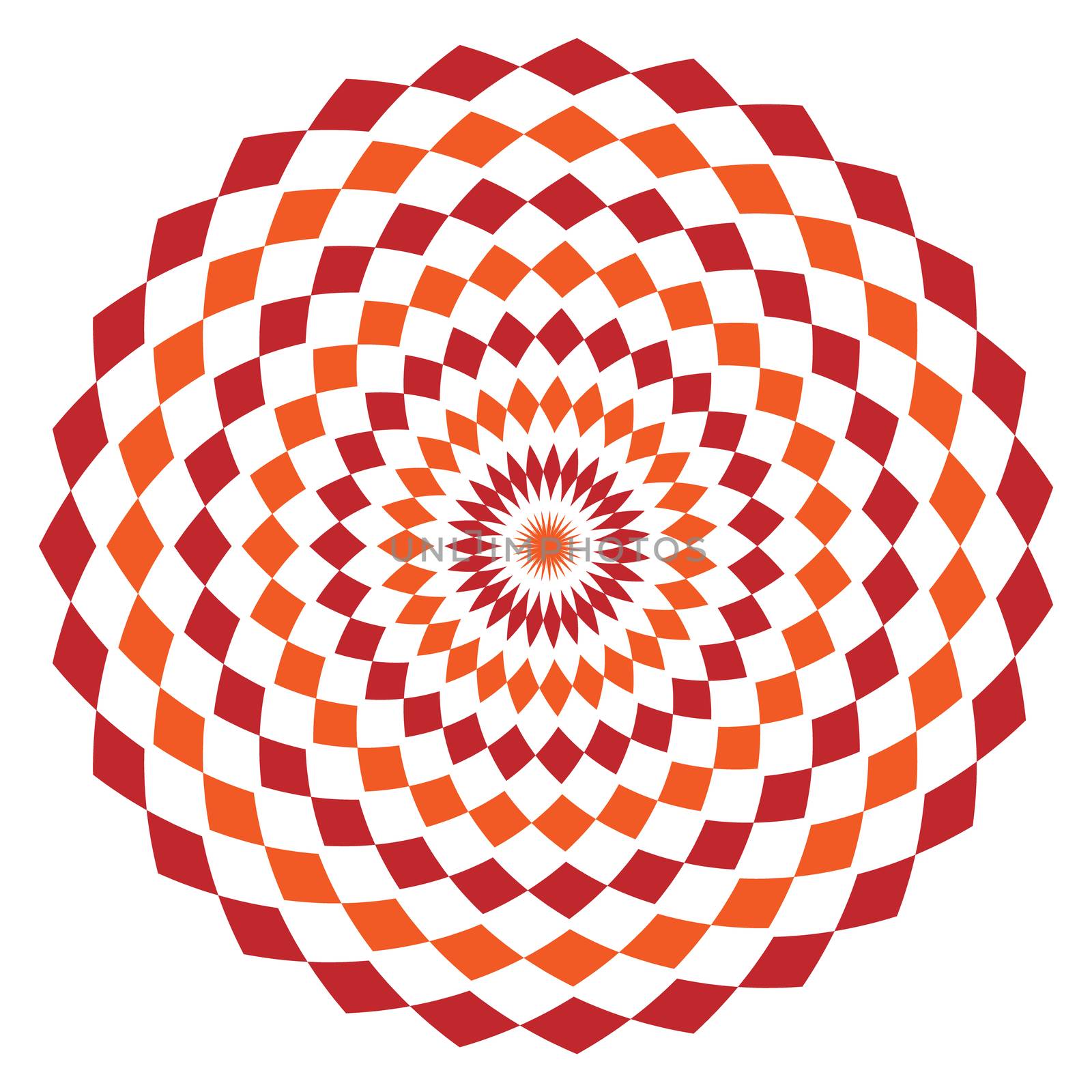 Simple ethnic indian geometrical pattern with rhombuses. Orange and red kaleidoscope mandala art.
