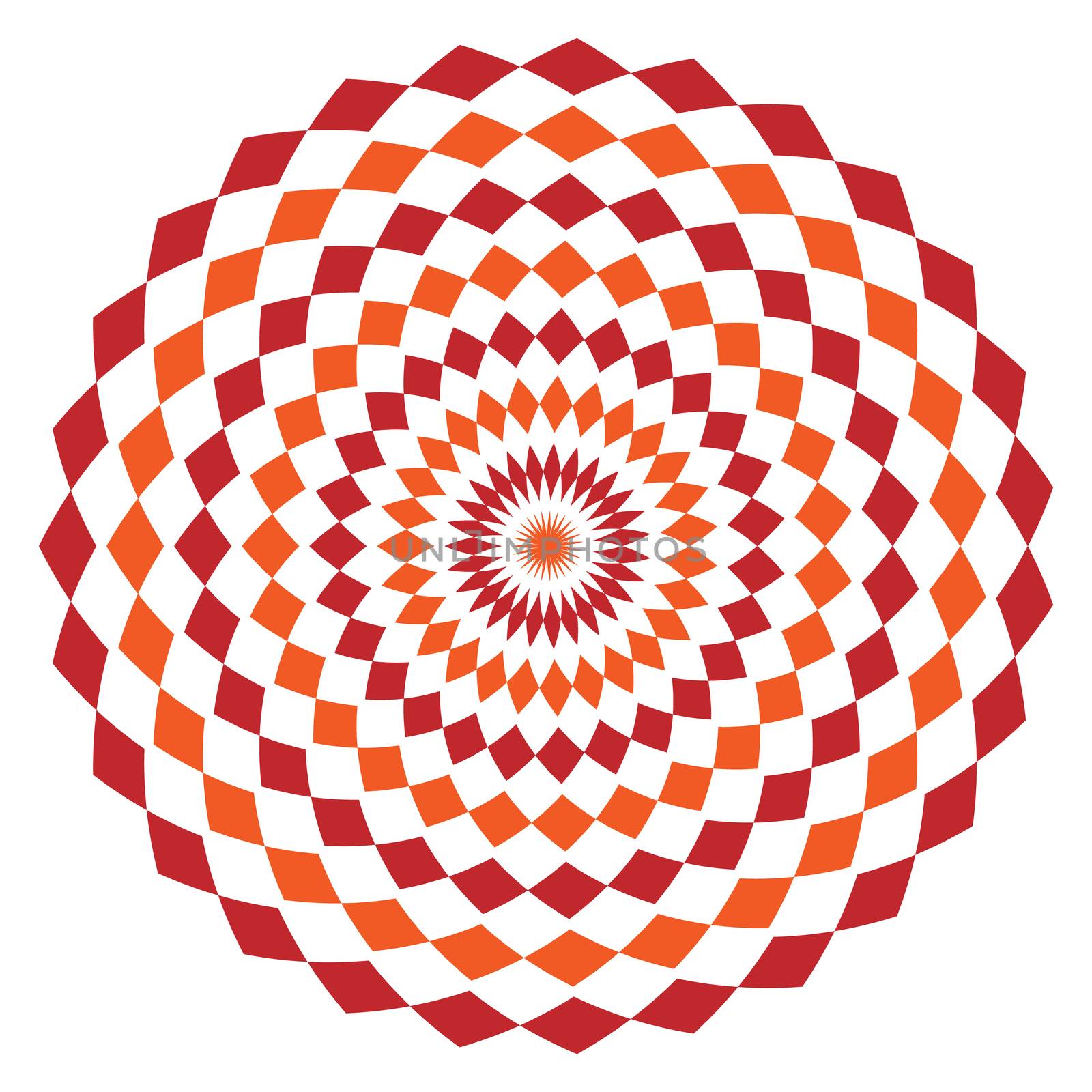 Simple ethnic indian geometrical pattern with rhombuses. Orange and red kaleidoscope mandala art.