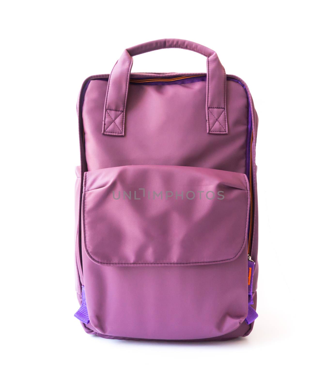 Purple backpack on white background for school or tourist traveler concept