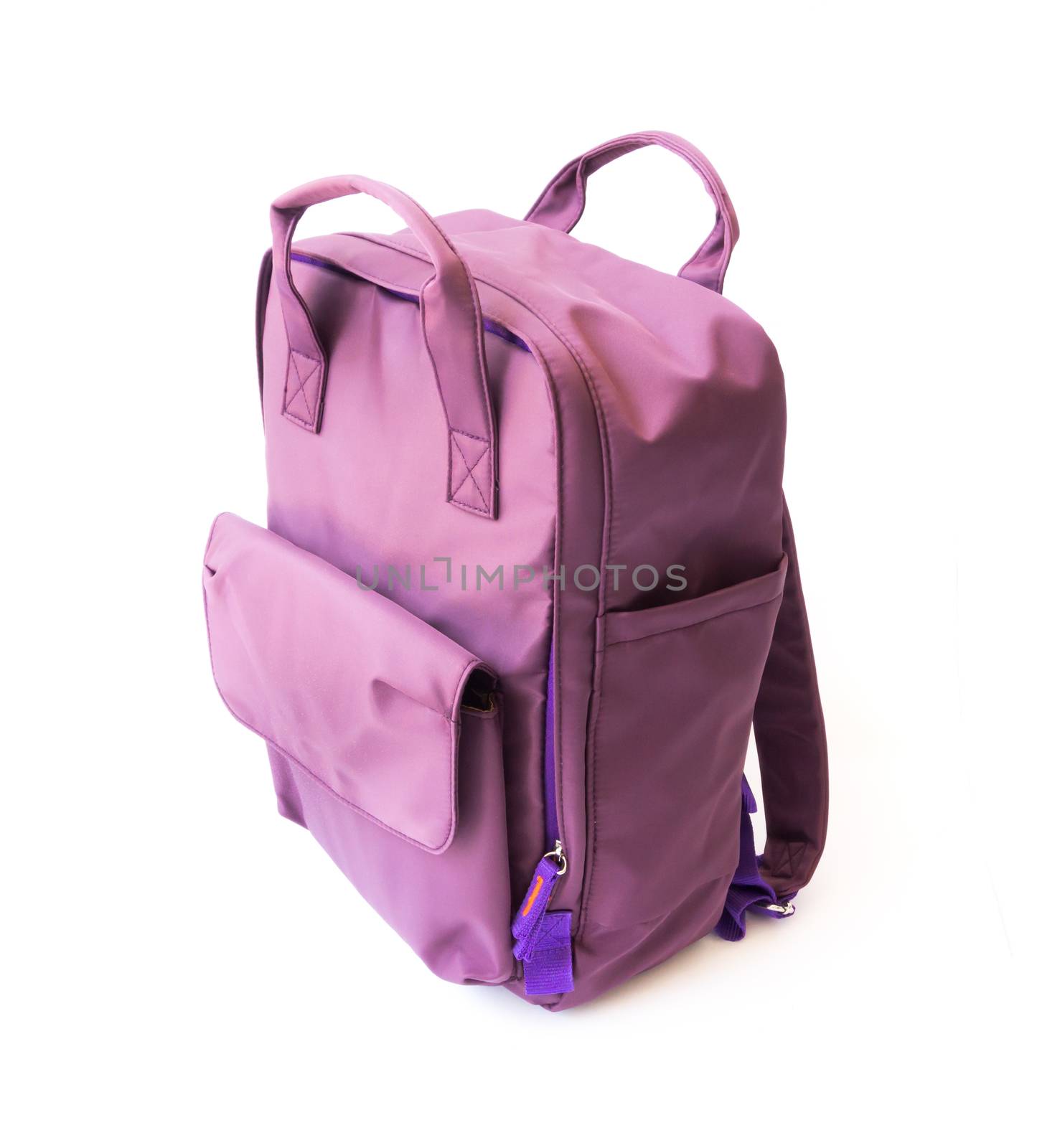 Purple backpack on white background for school or tourist traveler concept