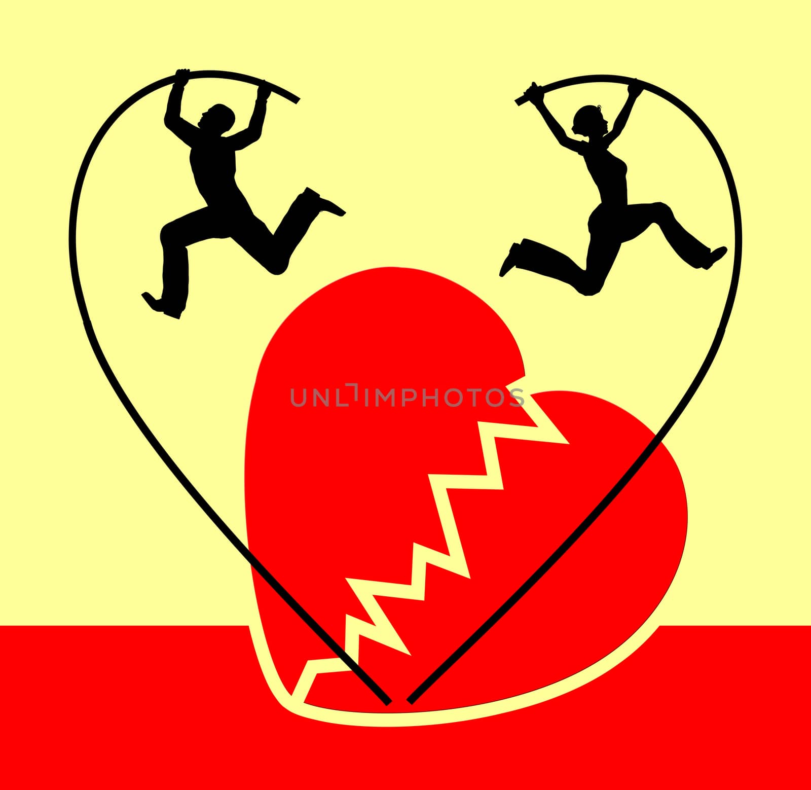 Humorous concept sign of a couple splitting up with the symbol of a broken heart