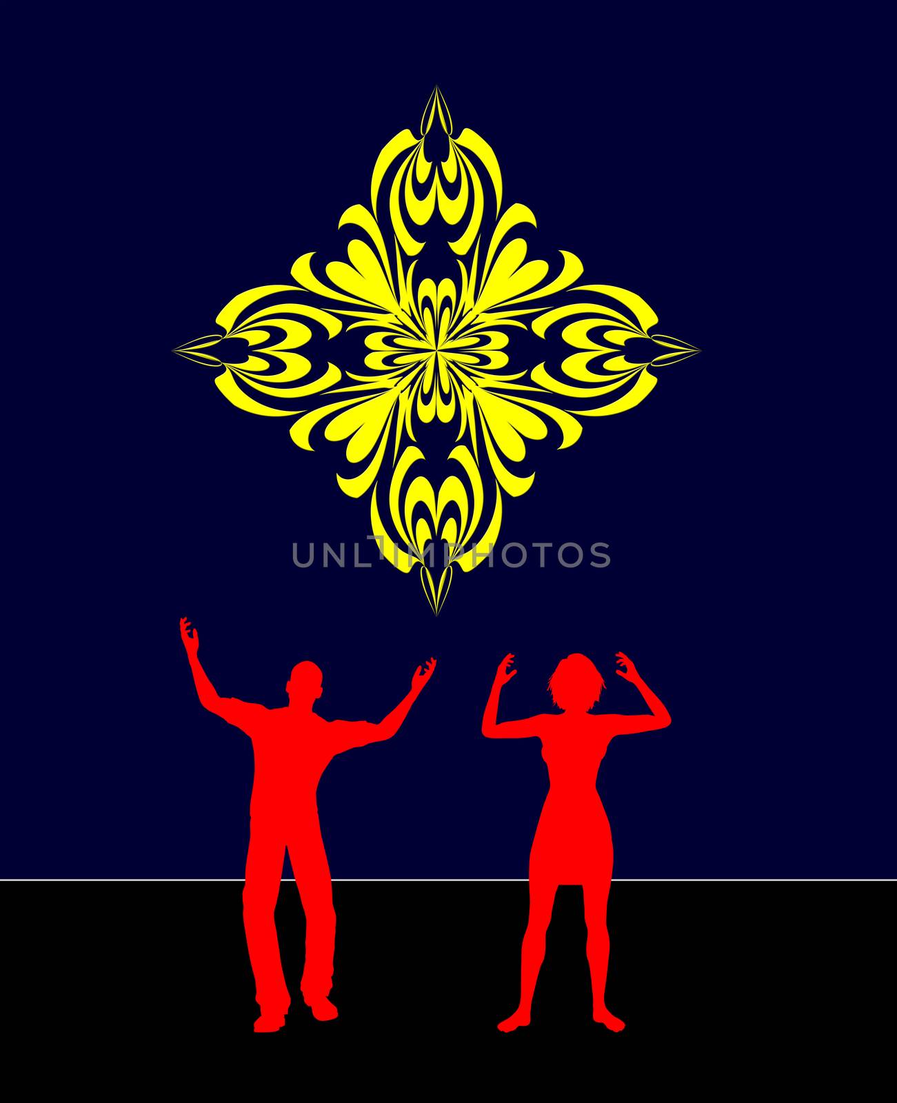 Concept sign of two people worshiping the Holy Cross

