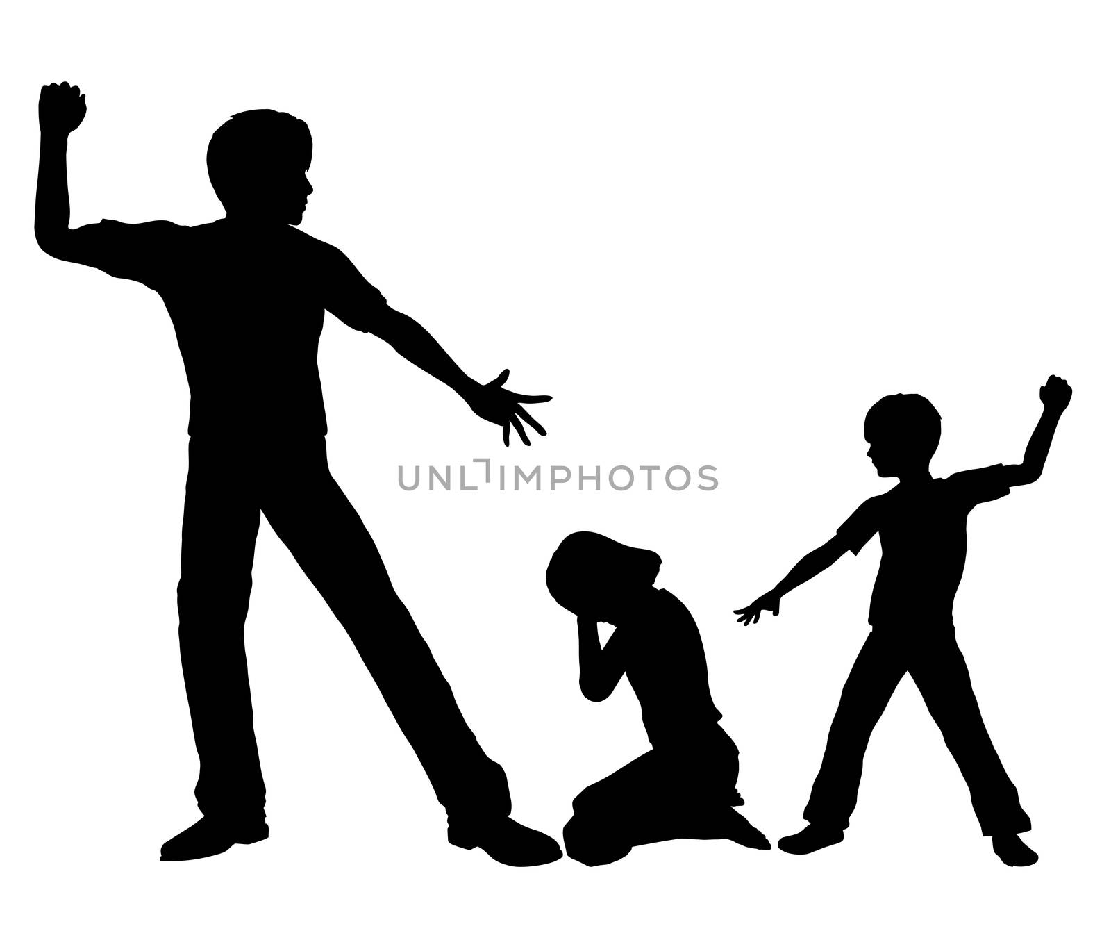 Concept sign of an adult person with negative influence on a boy by beating up small girl
