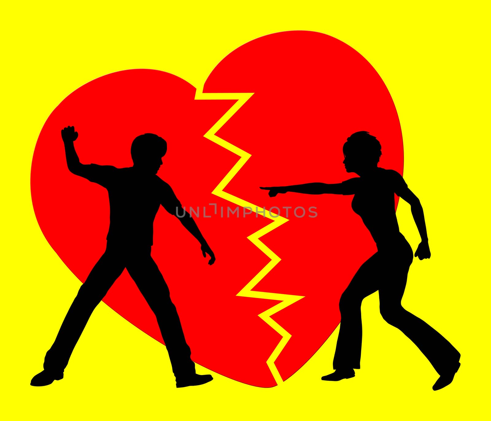 Concept sign of a couple breaking off the relation since love turned into violence and rancor
