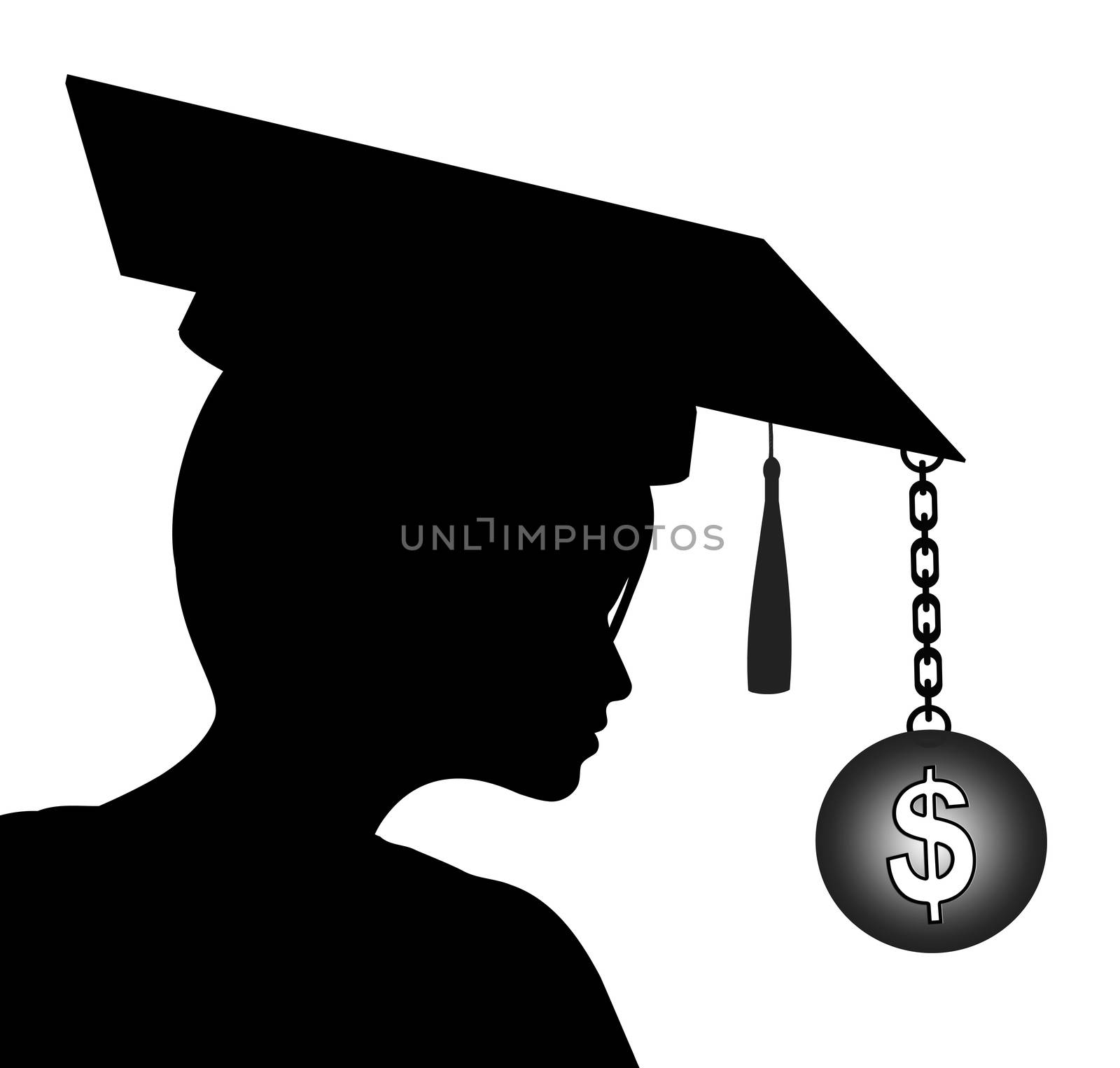 Student with graduate cap and dollar symbol, which stands for the expenses