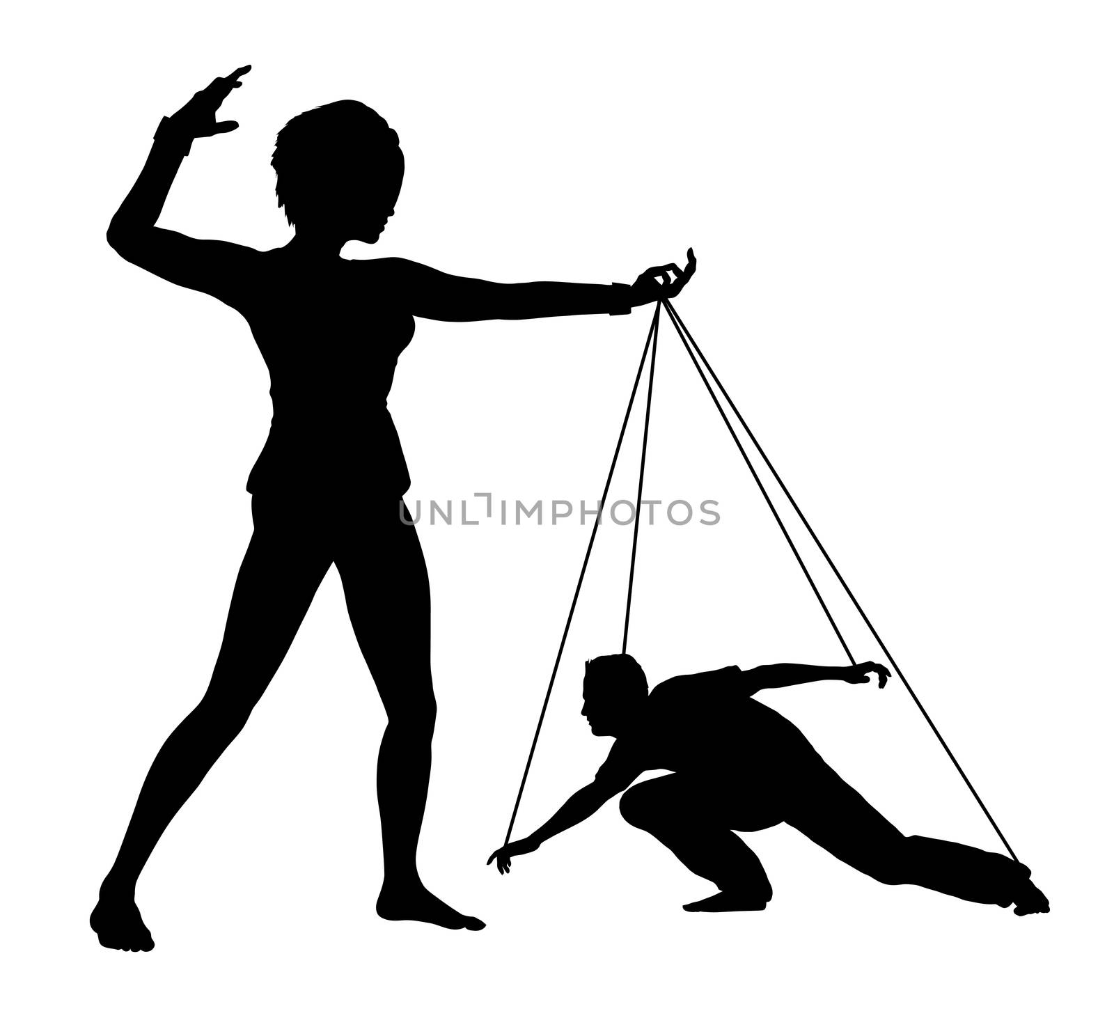 Woman treating man like marionette, concept sign of humiliation and domination