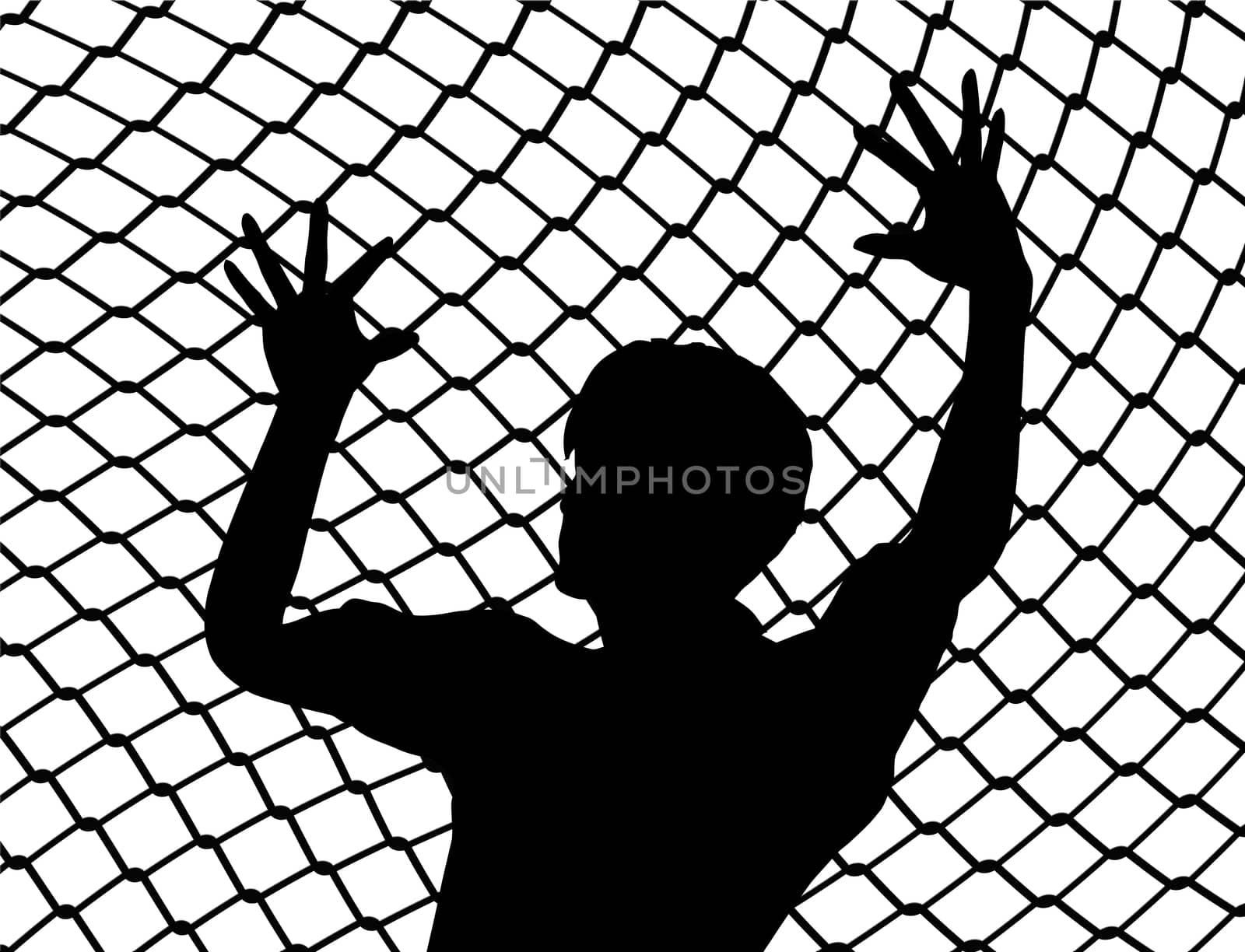 Destitute person behind the fence as prisoner of war symbol