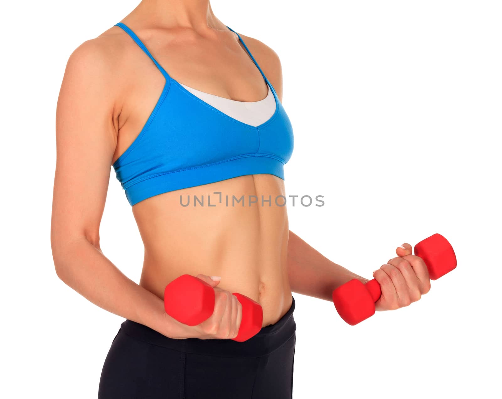 Beautiful body of a young fit slim woman lifting dumbbells isola by Nobilior