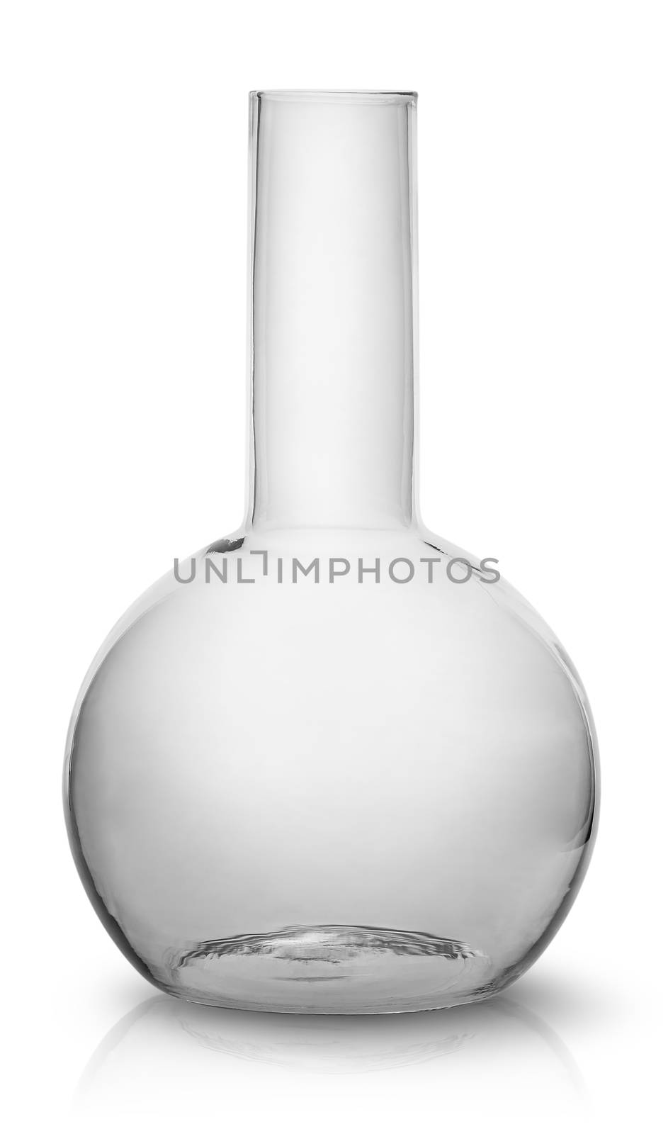 In front empty flask isolated on white background. Medicine, Chemistry