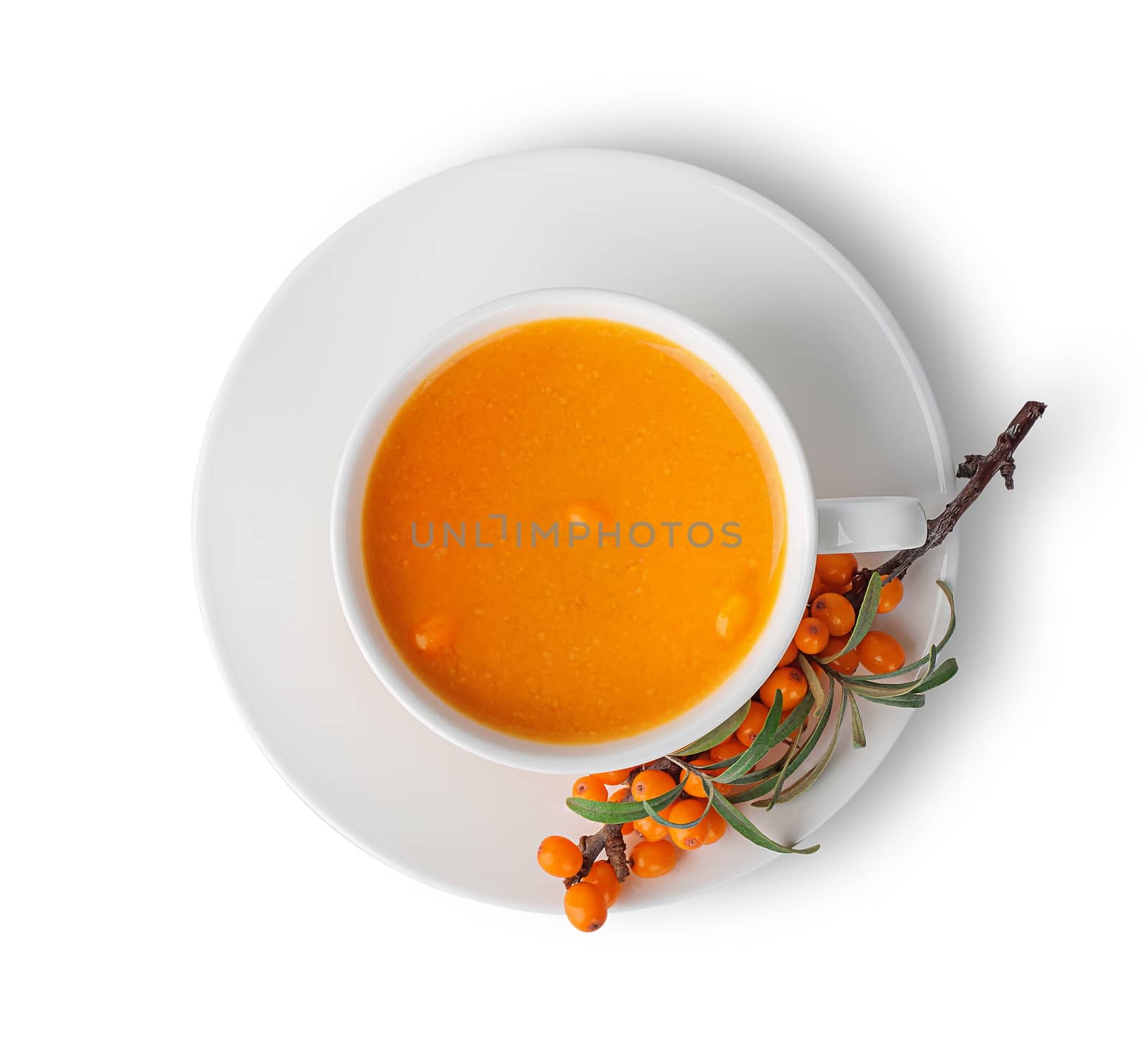 Juice from sea-buckthorn top view isolated on white background