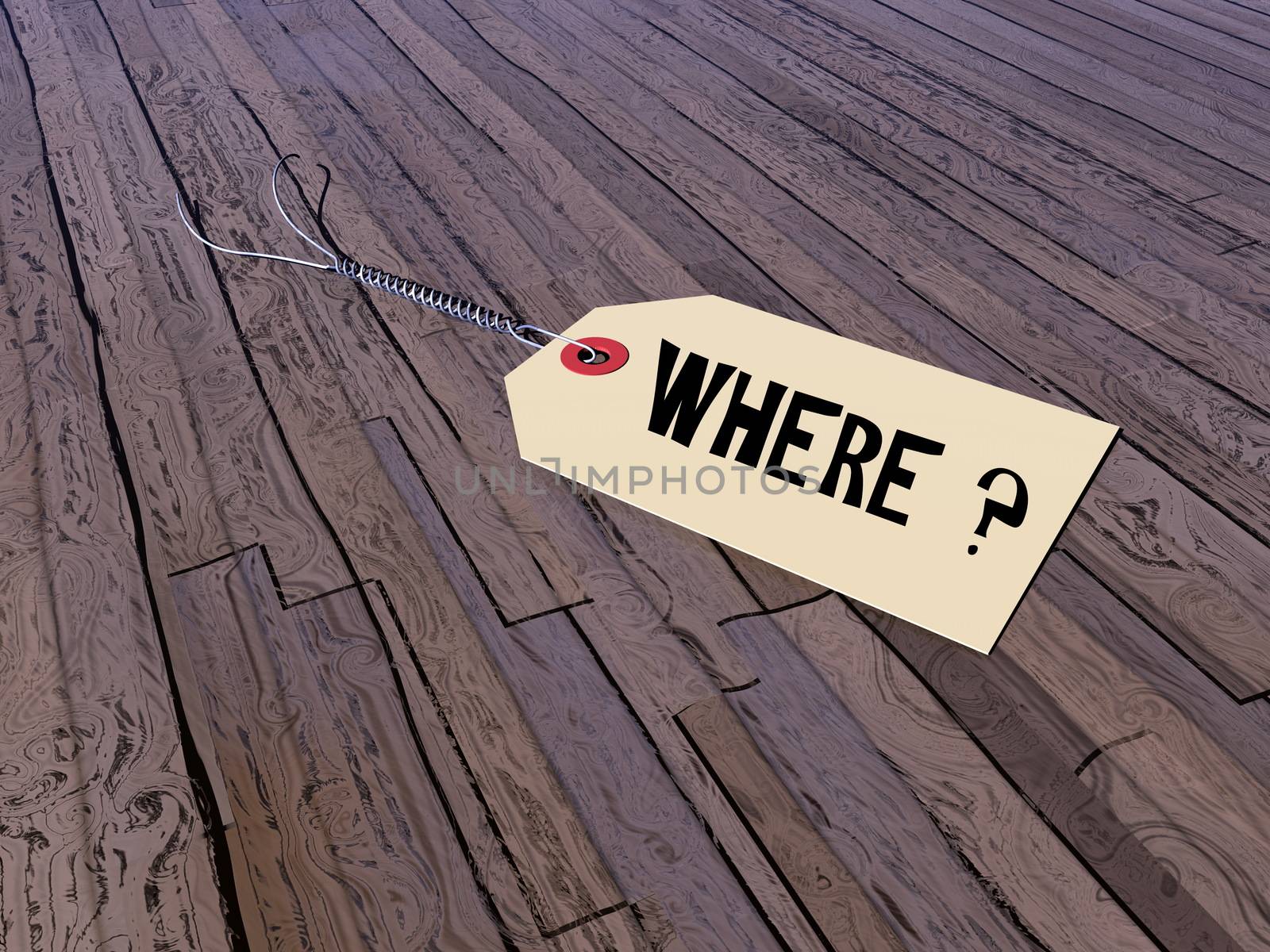 Tag asking where on a vintage wooden floor - 3D render