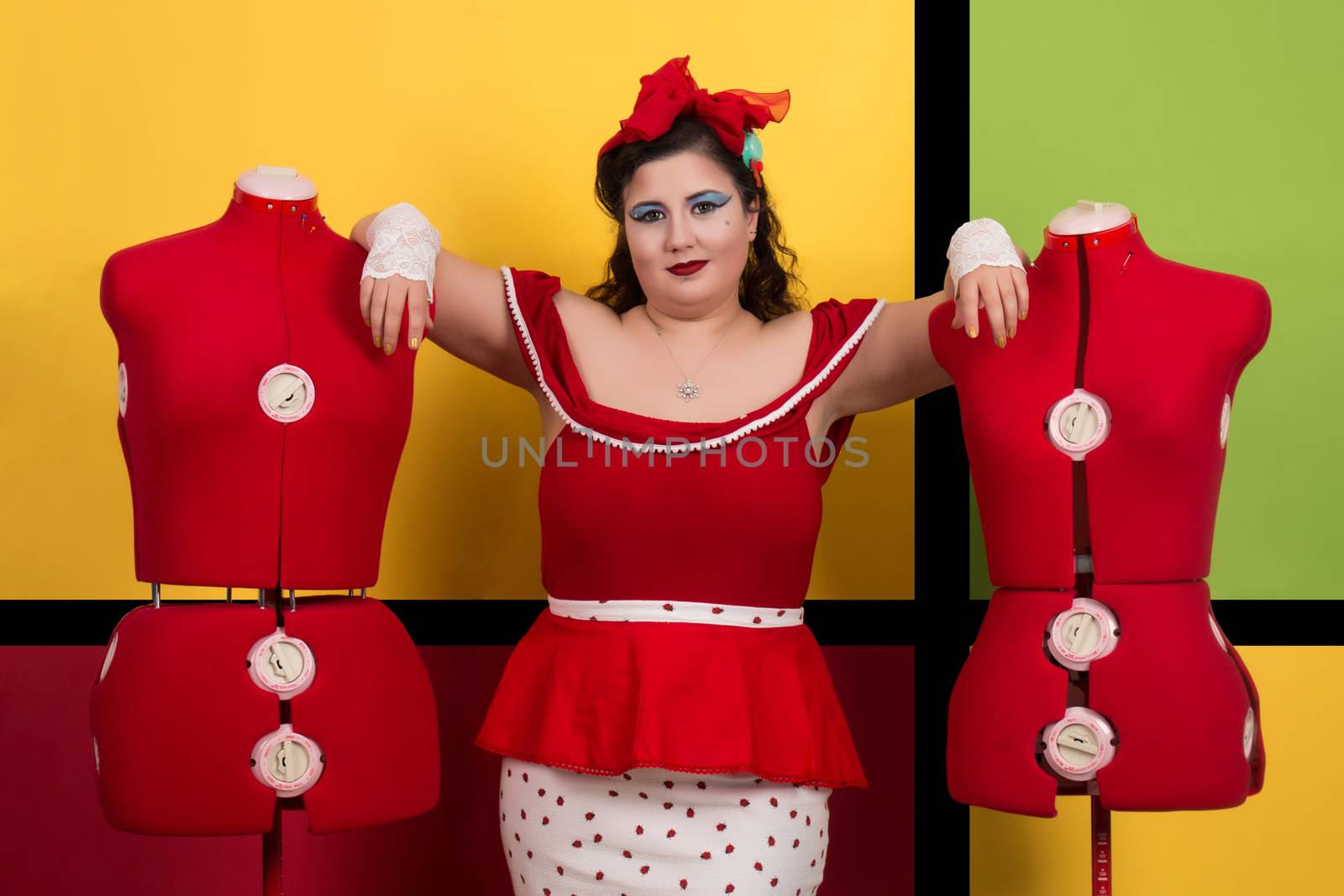 View of pinup vintage girl next to a colorful pop art backdrop.