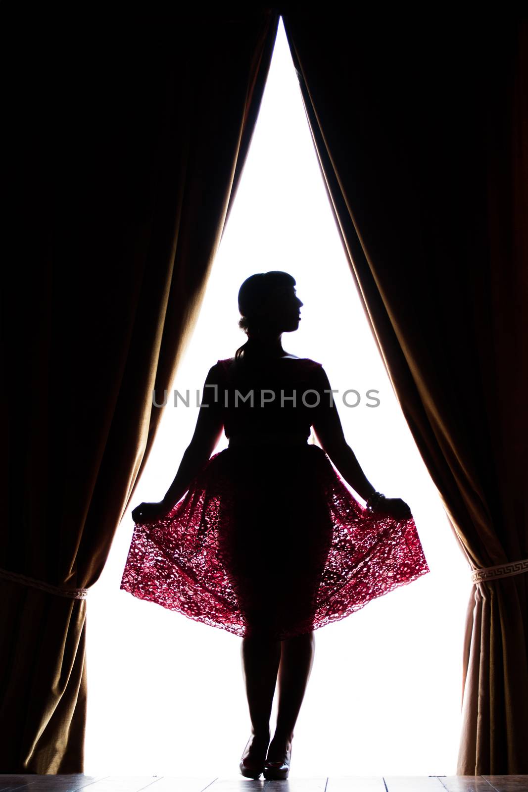 Silhouette of pinup girl with red dress next to a classic window.