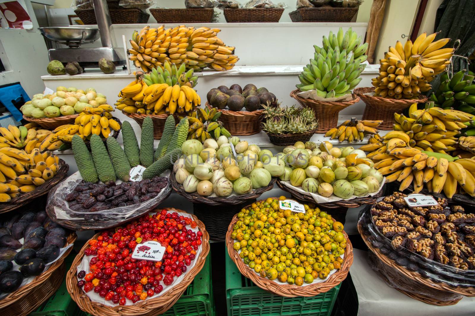 Variety of exotic fruits at sale on the market.
