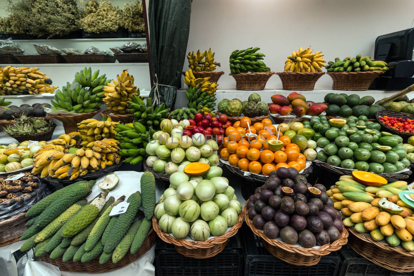 Variety of exotic fruits at sale on the market.