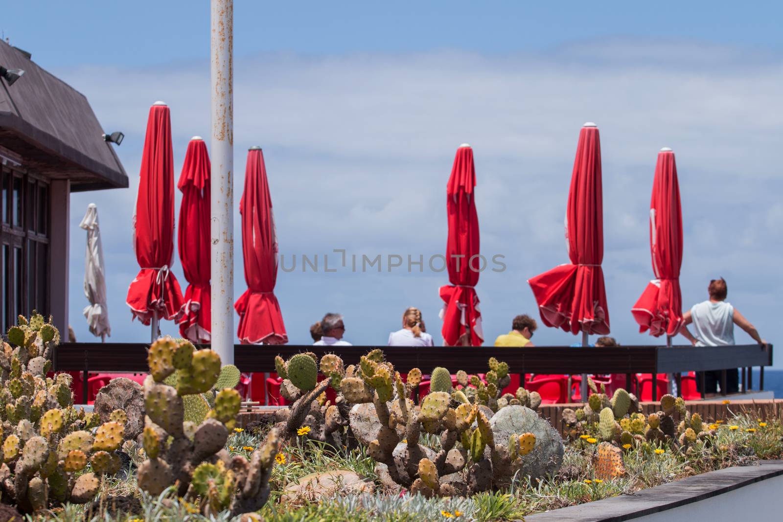 View of a Coastal Bar in Porto Moniz where tourists relax.