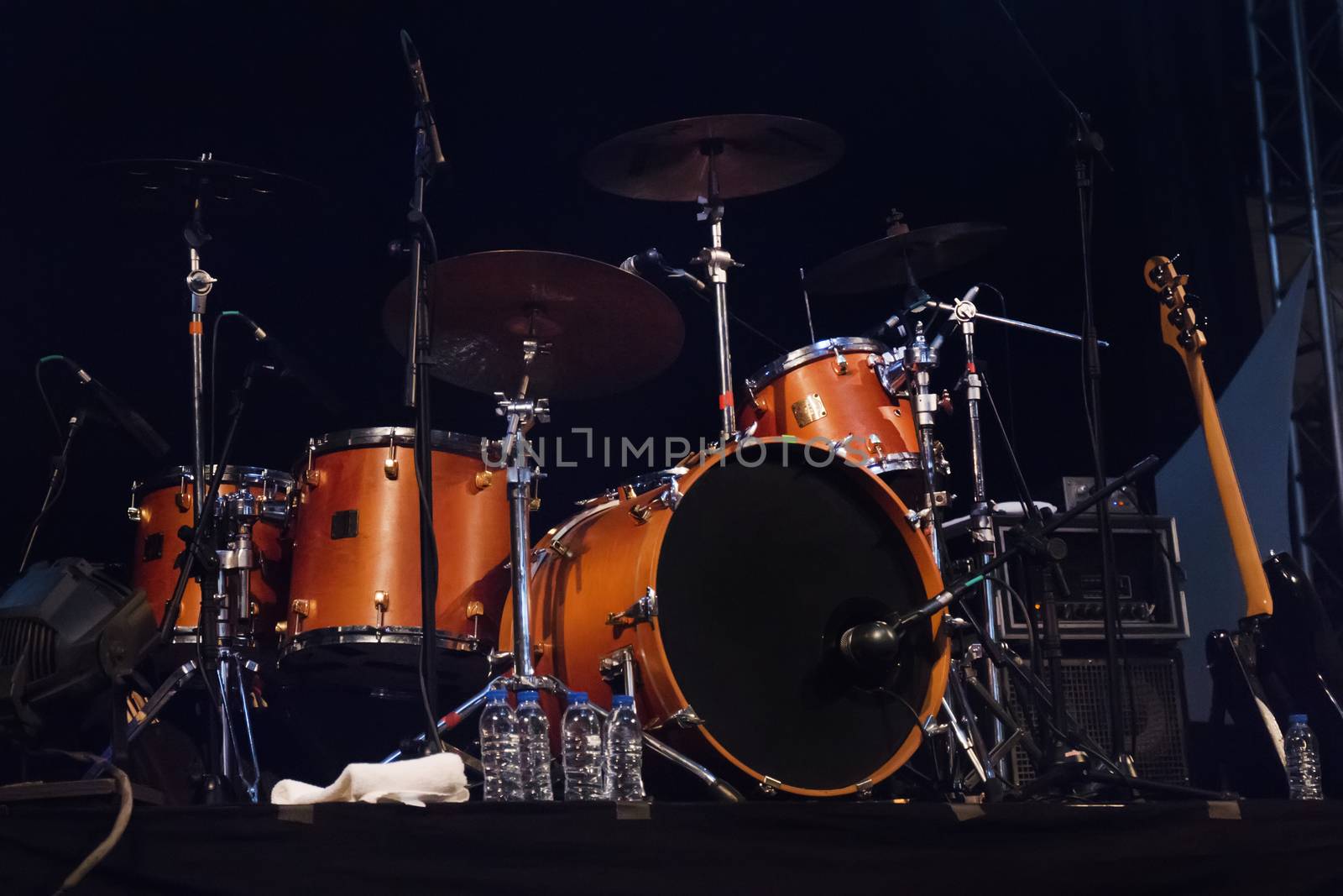 Close up view of audio stage drums musical instrument.