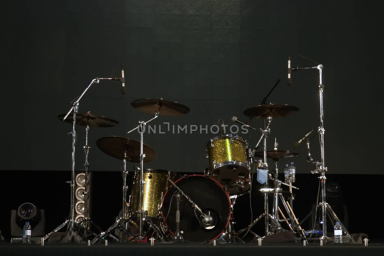 Close up view of audio stage drums musical instrument.