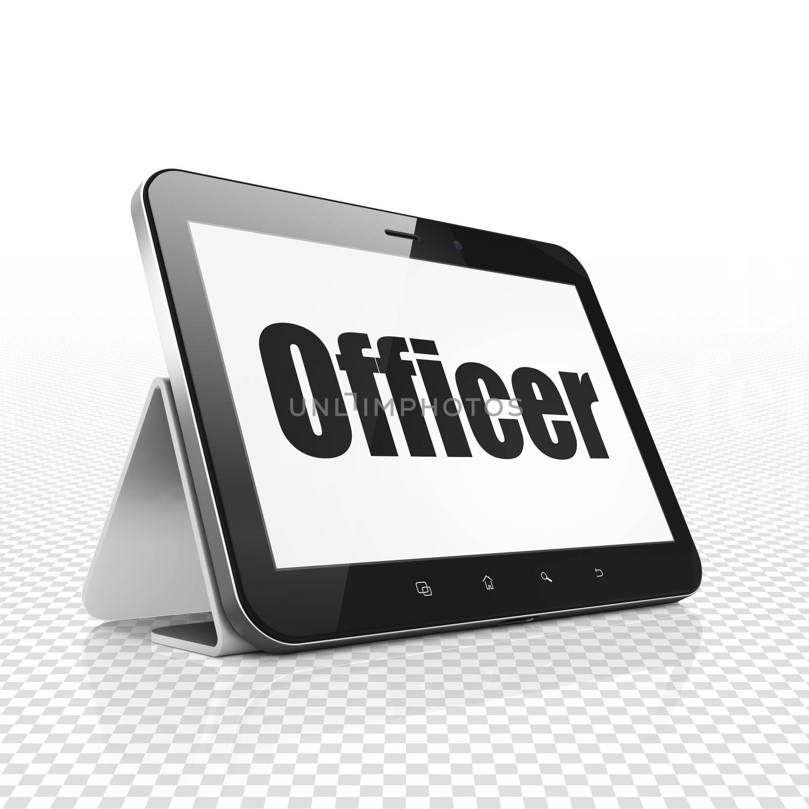 Law concept: Tablet Computer with  black text Officer on display,  Tag Cloud background, 3D rendering