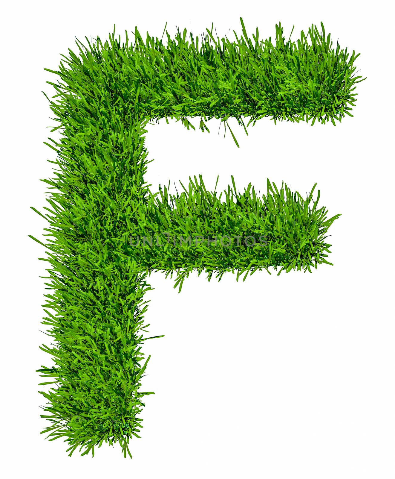 Letter of grass alphabet. Grass letter F isolated on white background. 3d illustration