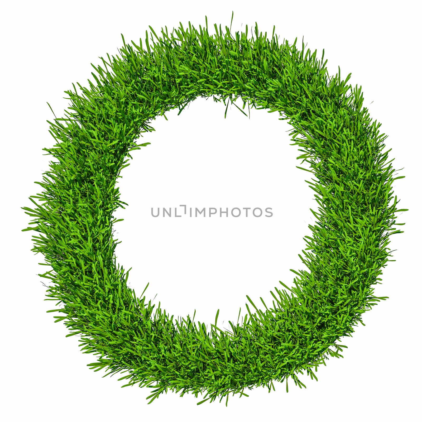 Letter of grass alphabet. Grass letter O isolated on white background. 3d illustration