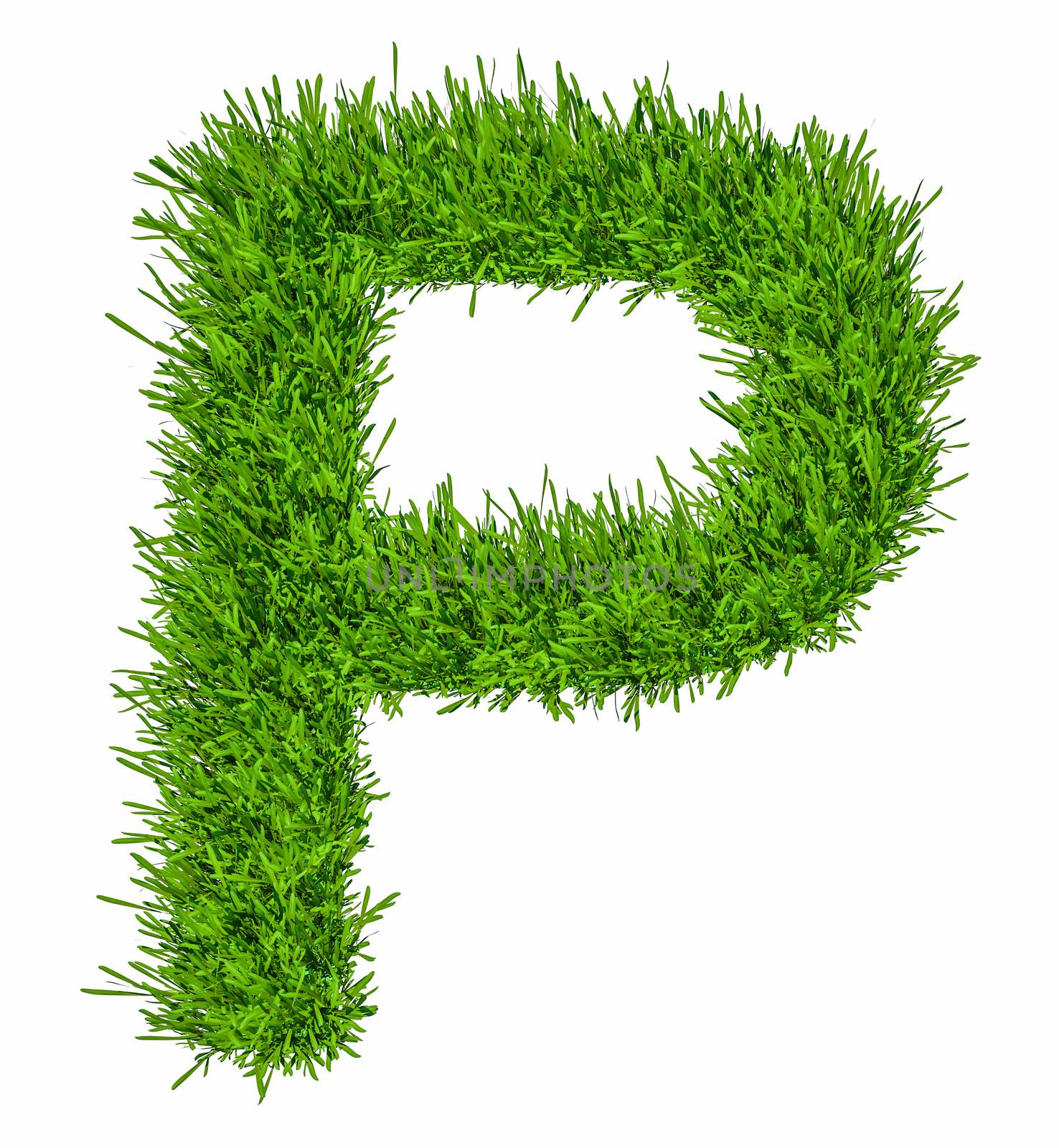 Letter of grass alphabet. Grass letter P isolated on white background. 3d illustration
