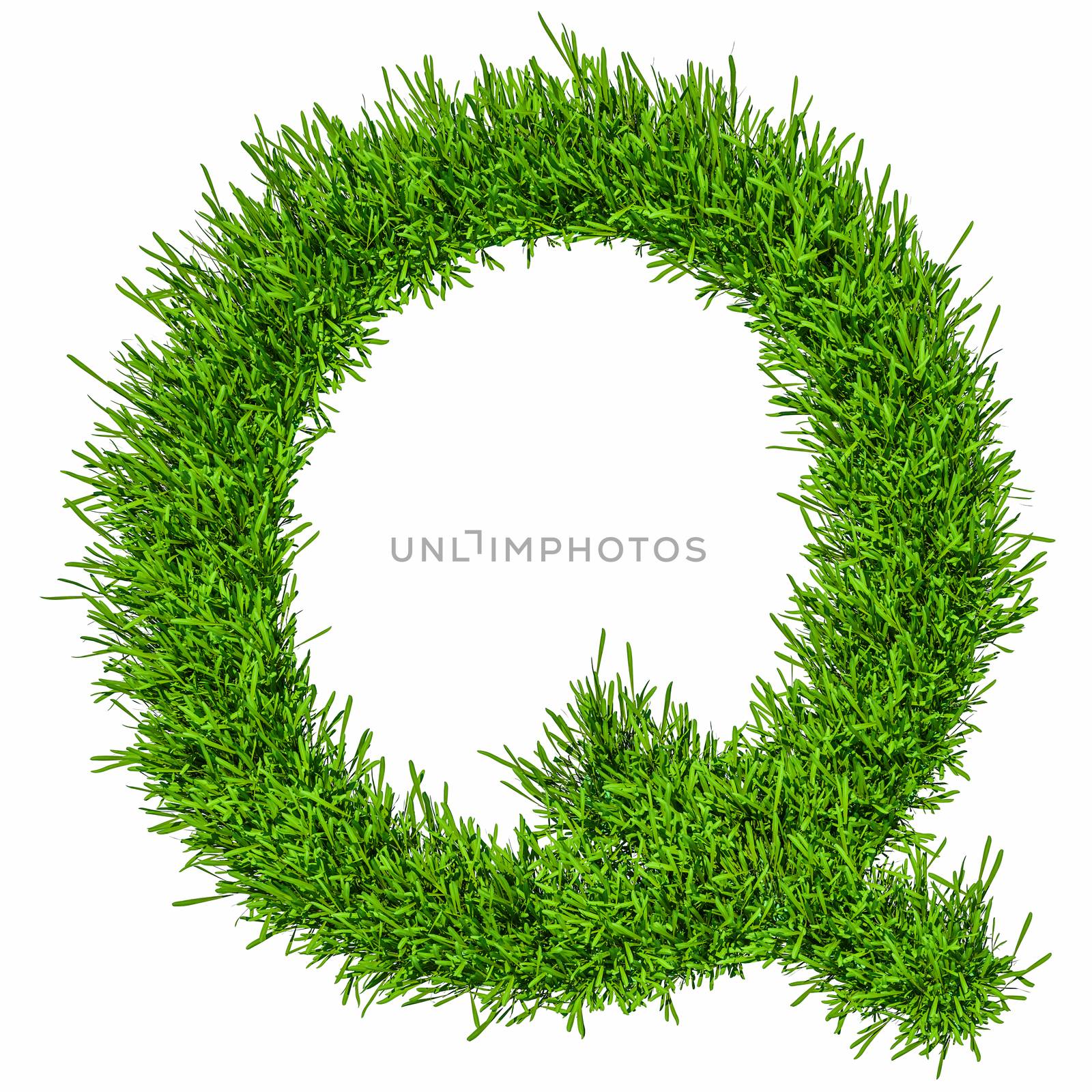 Letter of grass alphabet. Grass letter Q isolated on white background. 3d illustration