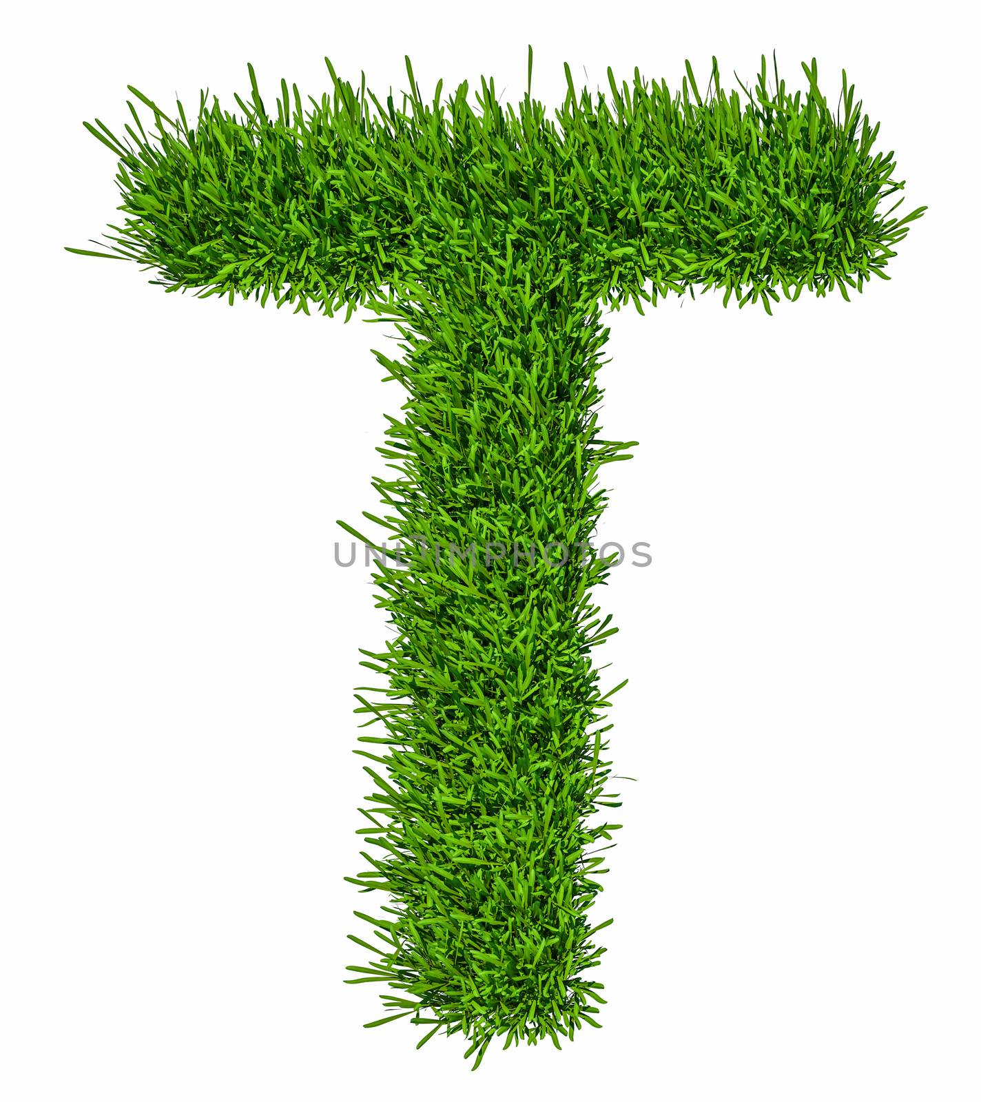 Letter of grass alphabet. Grass letter T isolated on white background. 3d illustration