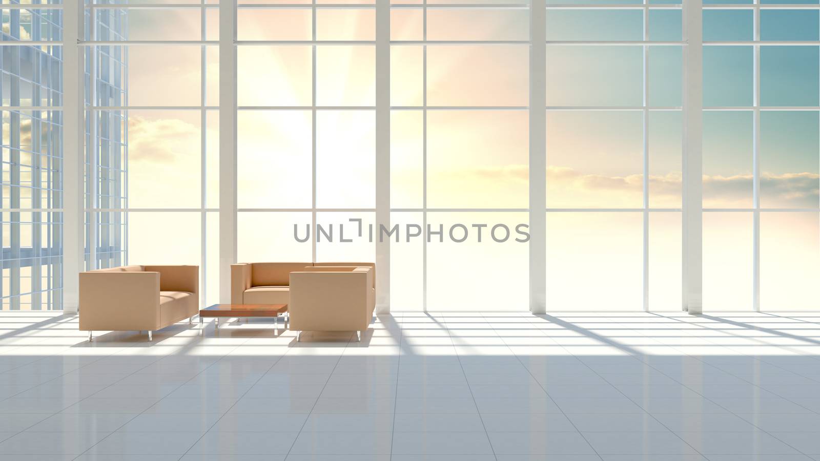 Interior of modern hall with big window and tiled floor. Beautiful sunrise or sunset in the background. 3d illustration