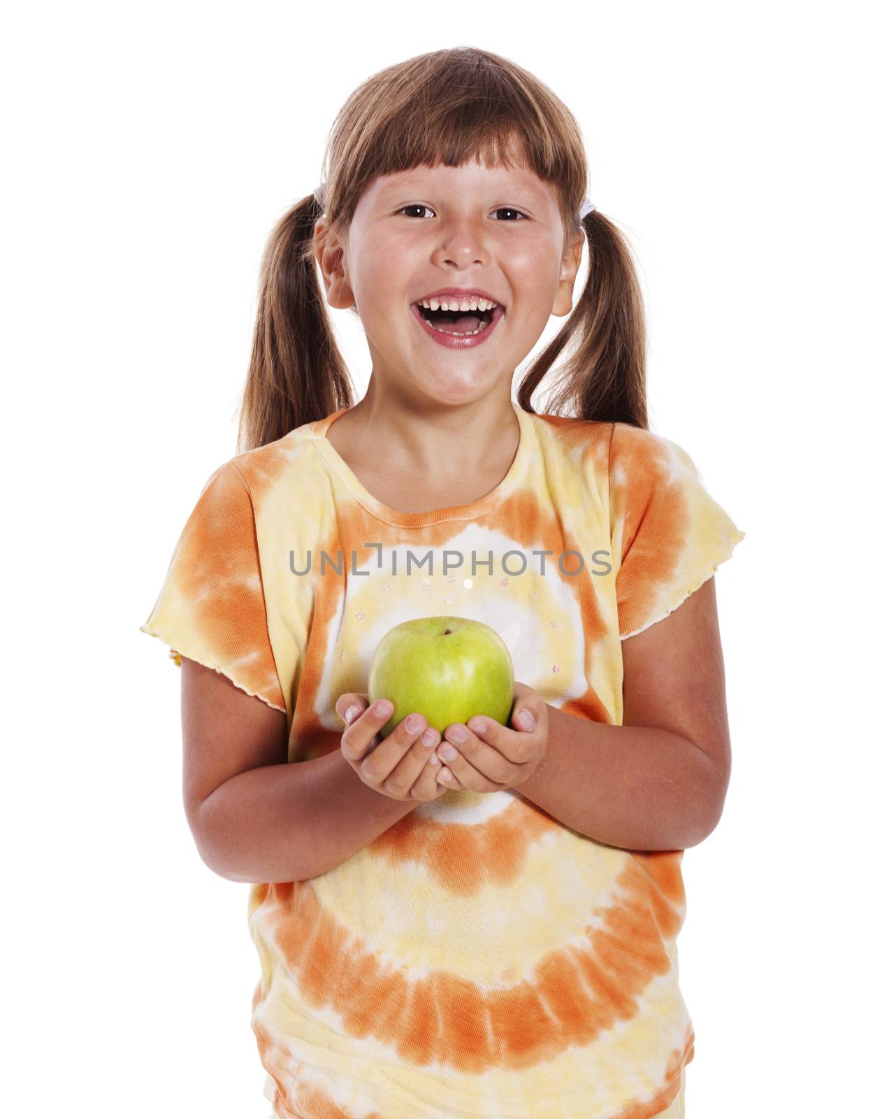 Six years Girl holding apple isolated on white