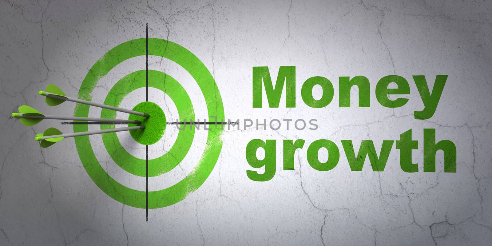Success banking concept: arrows hitting the center of target, Green Money Growth on wall background, 3D rendering