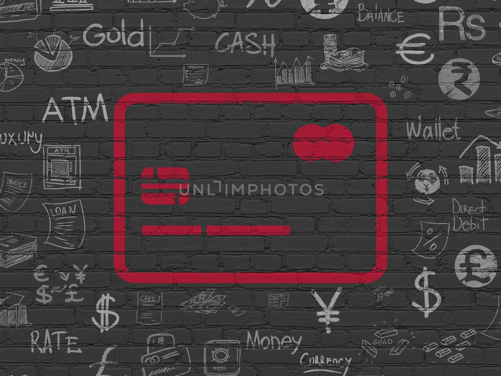 Currency concept: Painted red Credit Card icon on Black Brick wall background with  Hand Drawn Finance Icons
