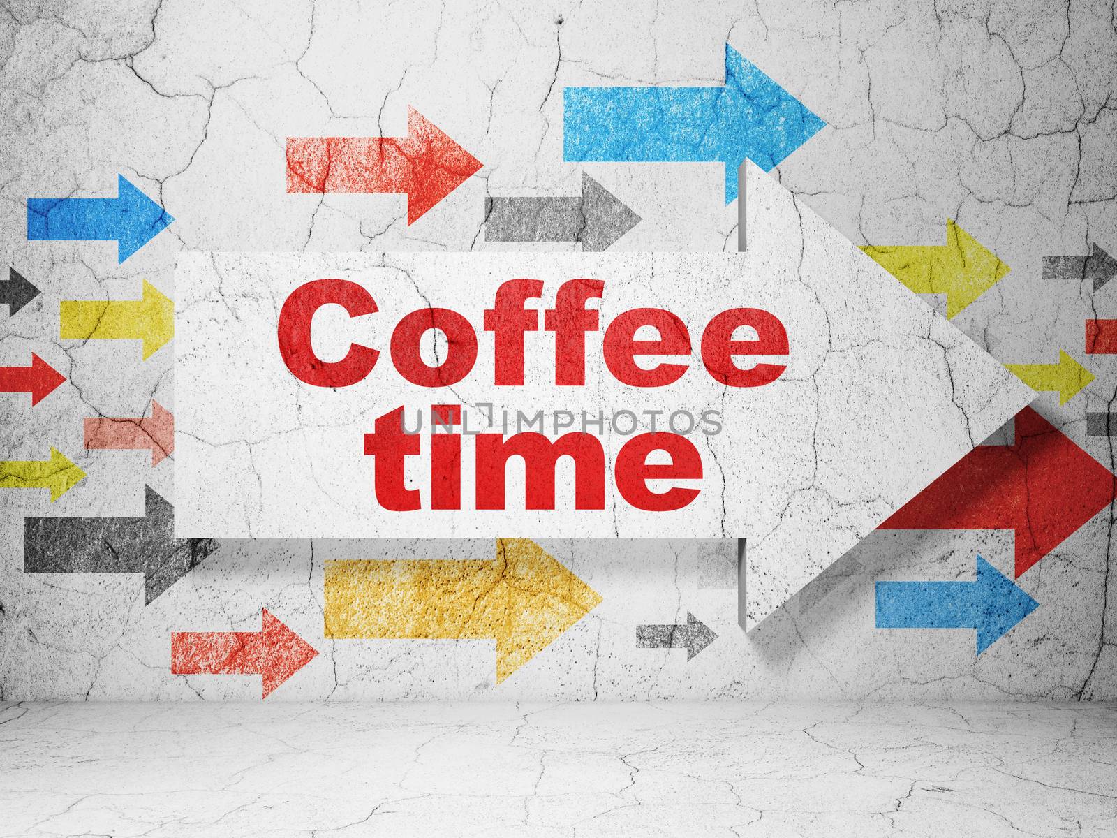 Timeline concept: arrow with Coffee Time on grunge wall background by maxkabakov