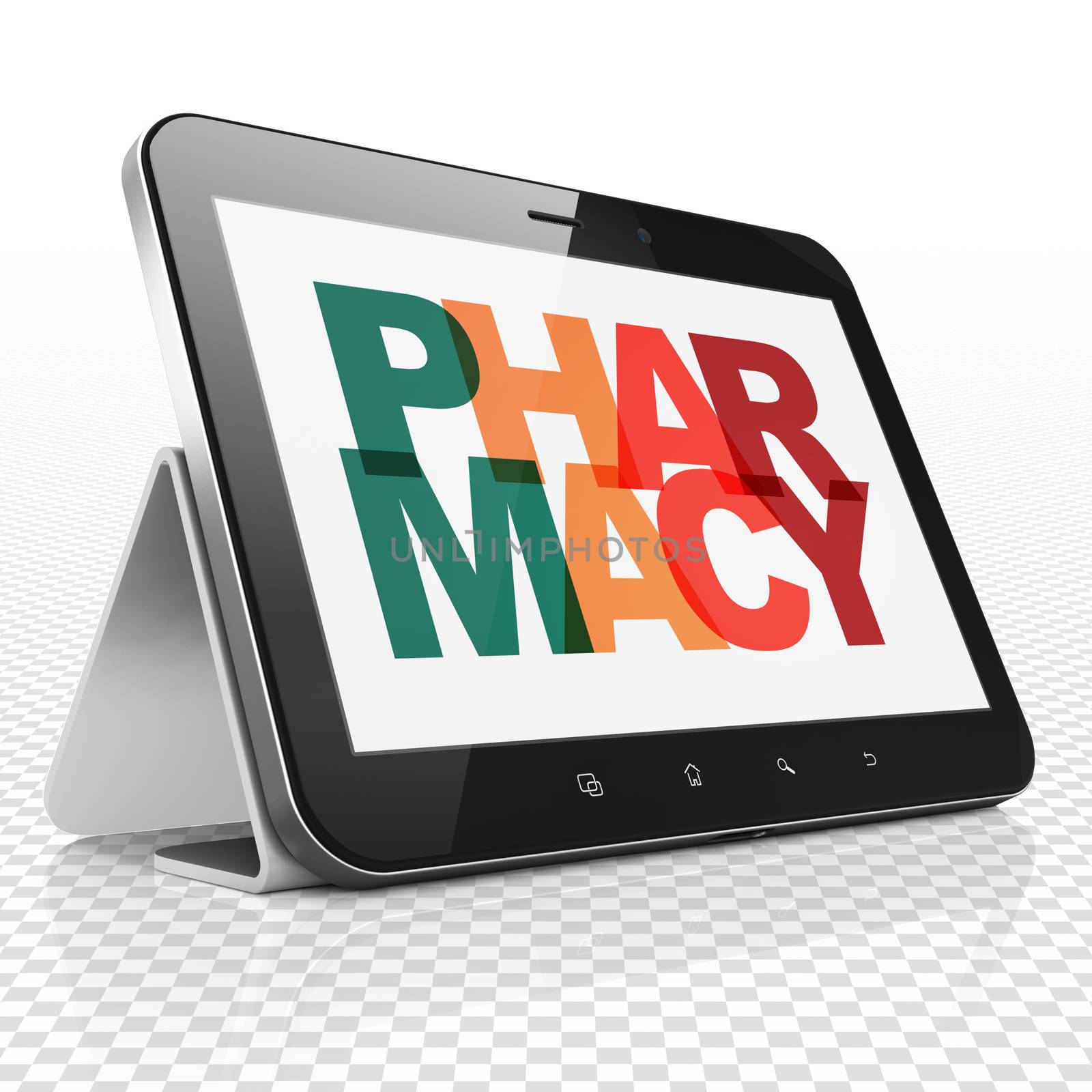 Health concept: Tablet Computer with Painted multicolor text Pharmacy on display, 3D rendering