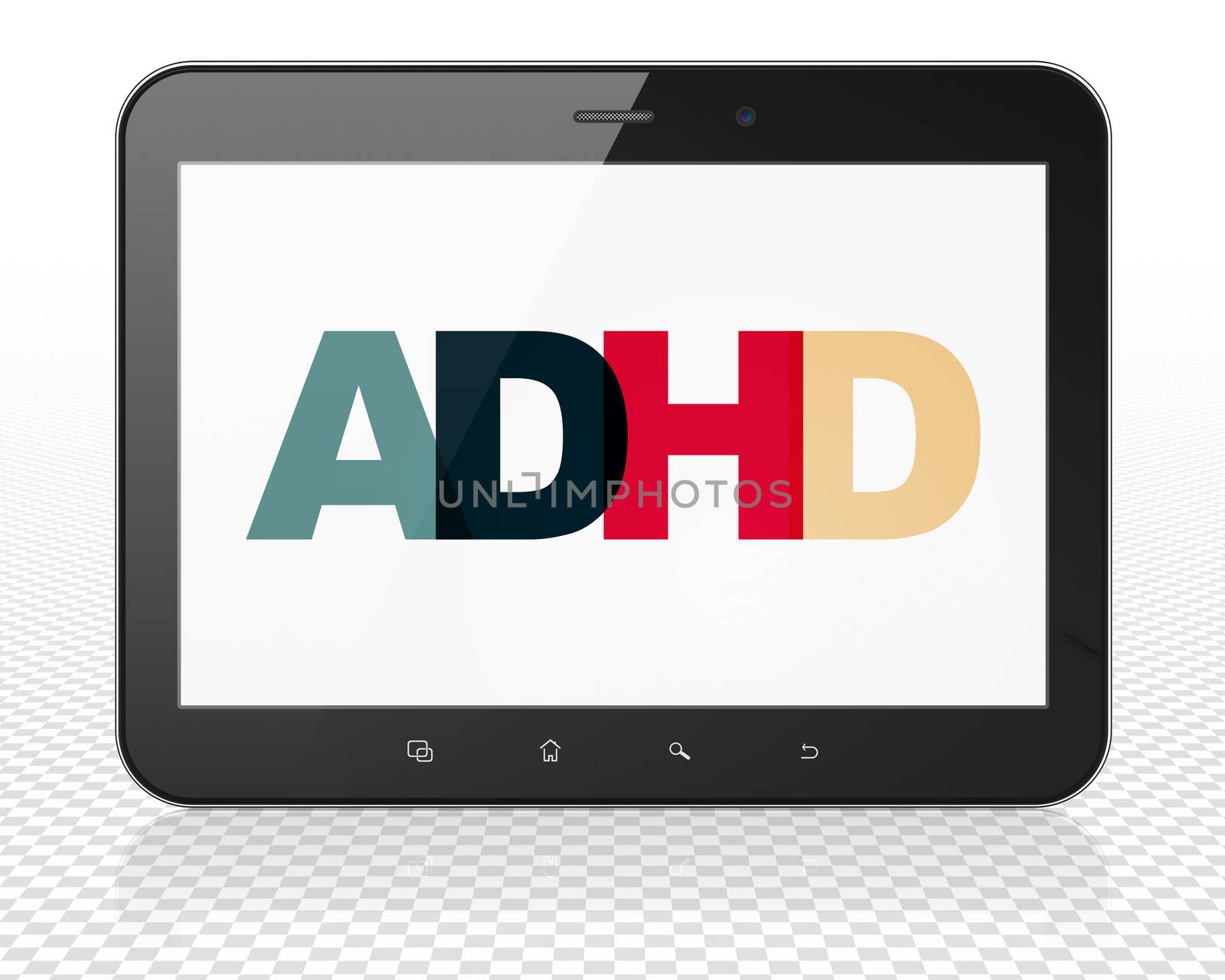 Medicine concept: Tablet Pc Computer with Painted multicolor text ADHD on display, 3D rendering