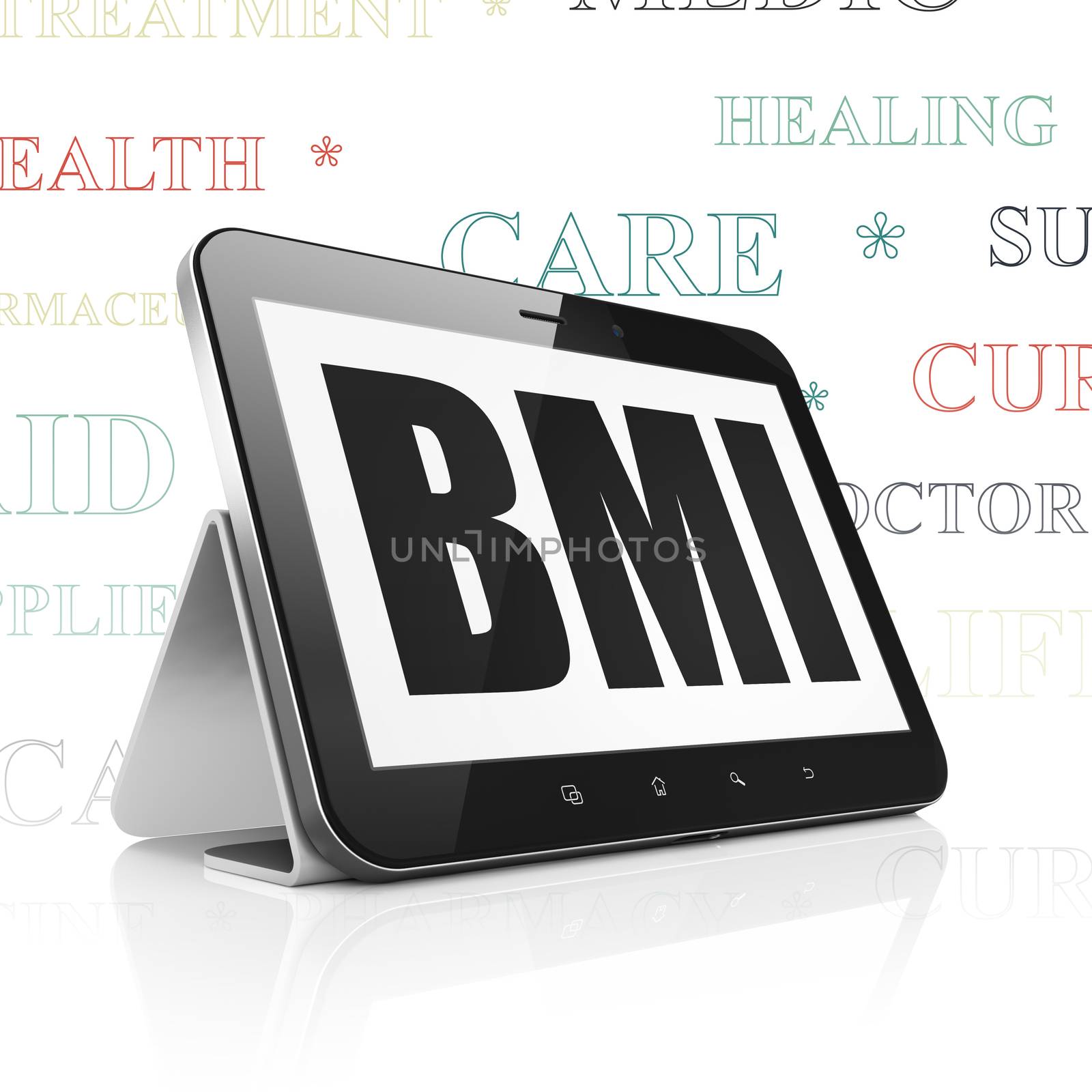 Healthcare concept: Tablet Computer with  black text BMI on display,  Tag Cloud background, 3D rendering