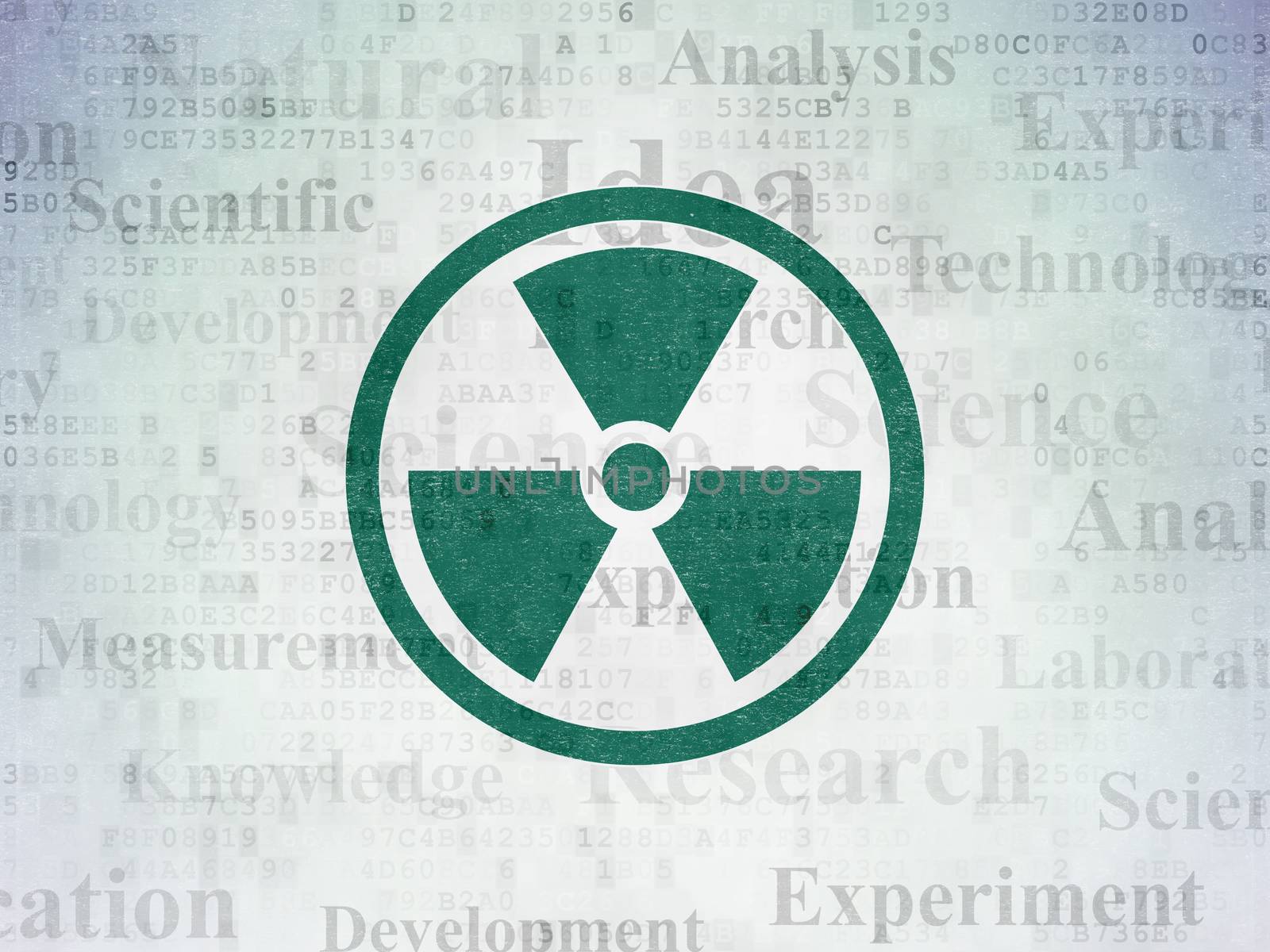 Science concept: Painted green Radiation icon on Digital Data Paper background with  Tag Cloud