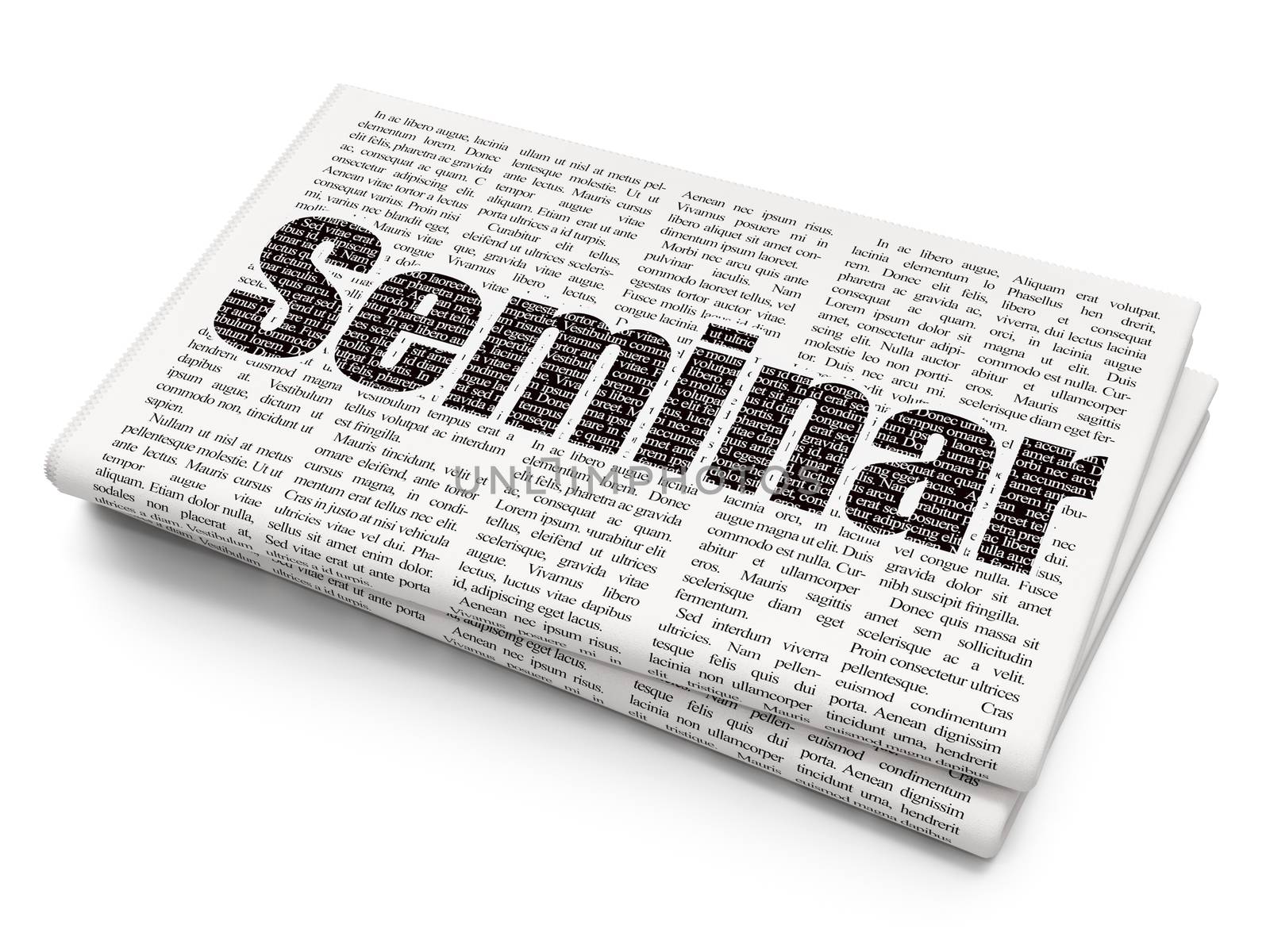 Education concept: Pixelated black text Seminar on Newspaper background, 3D rendering