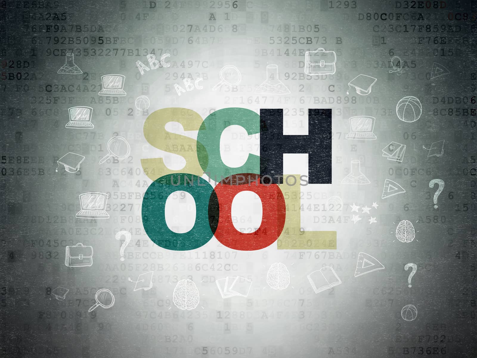 Learning concept: Painted multicolor text School on Digital Data Paper background with  Hand Drawn Education Icons