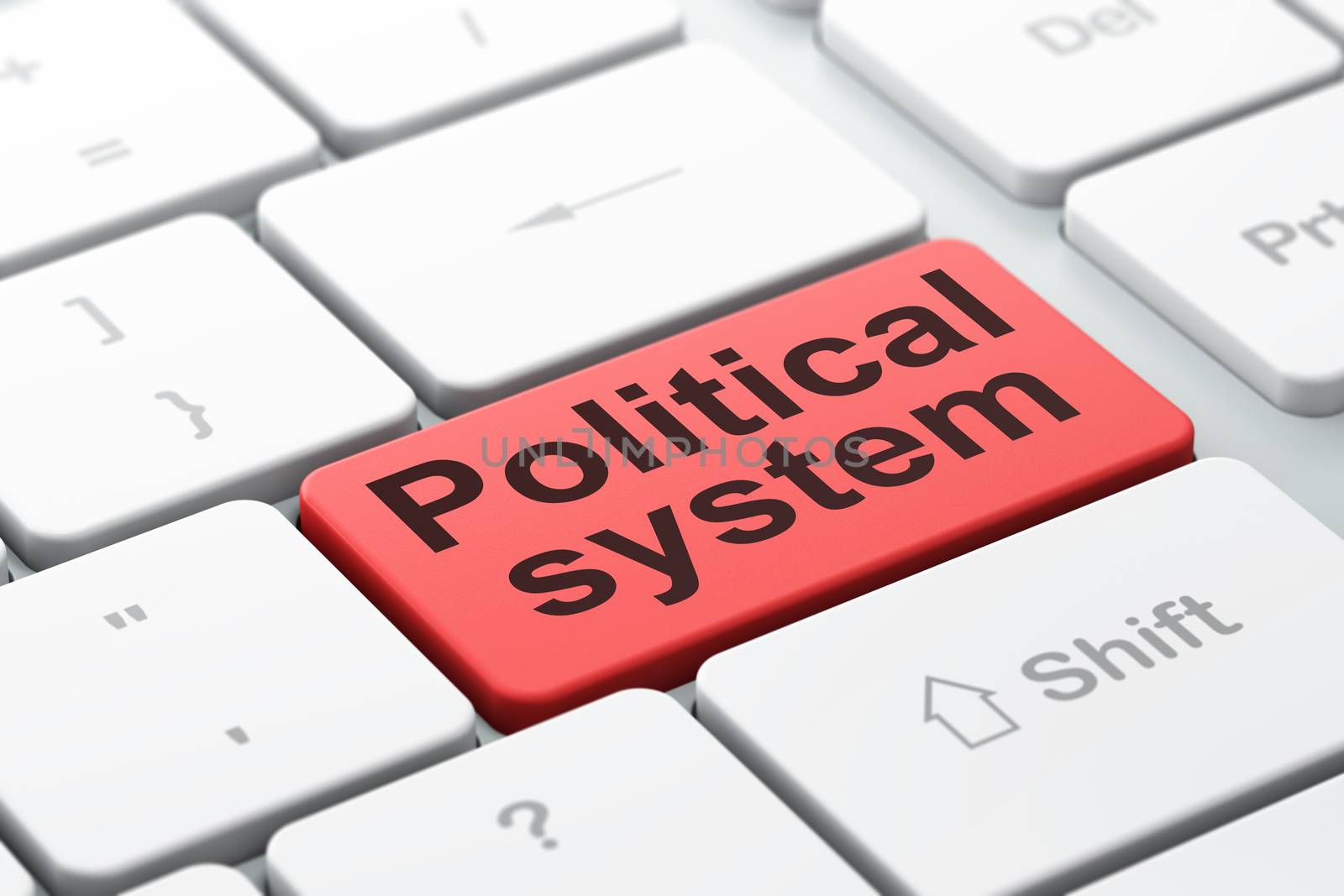 Political concept: computer keyboard with word Political System, selected focus on enter button background, 3D rendering