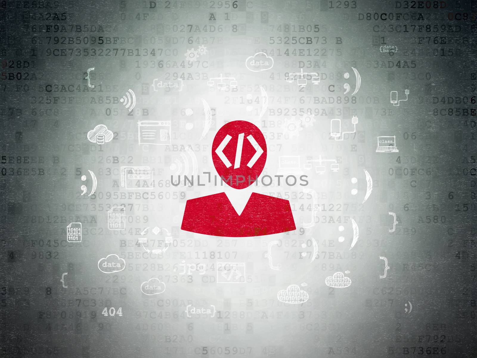 Programming concept: Painted red Programmer icon on Digital Data Paper background with  Hand Drawn Programming Icons