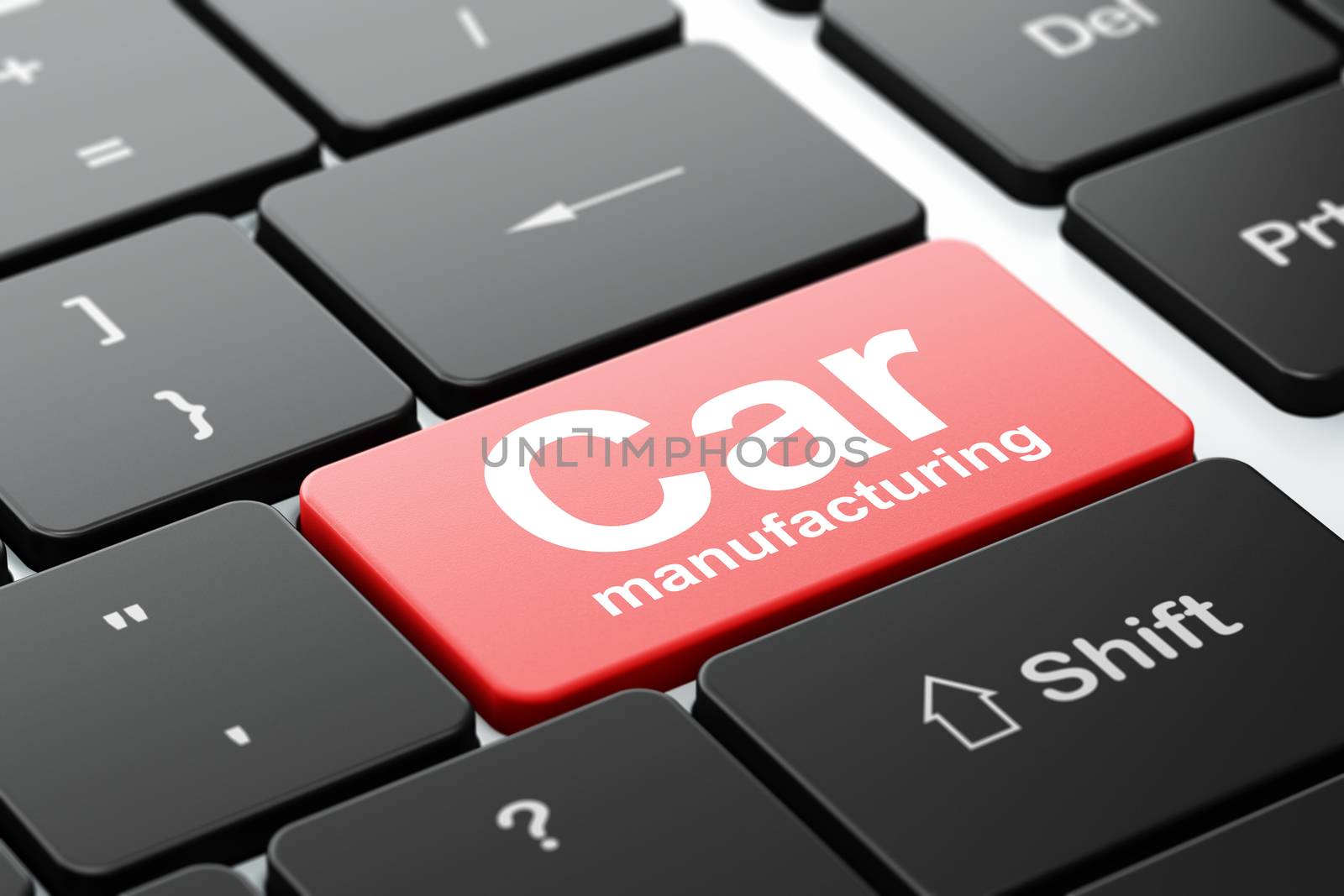 Manufacuring concept: computer keyboard with word Car Manufacturing, selected focus on enter button background, 3D rendering
