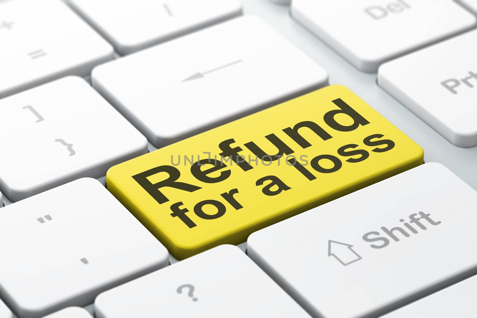 Insurance concept: computer keyboard with word Refund For A Loss, selected focus on enter button background, 3D rendering