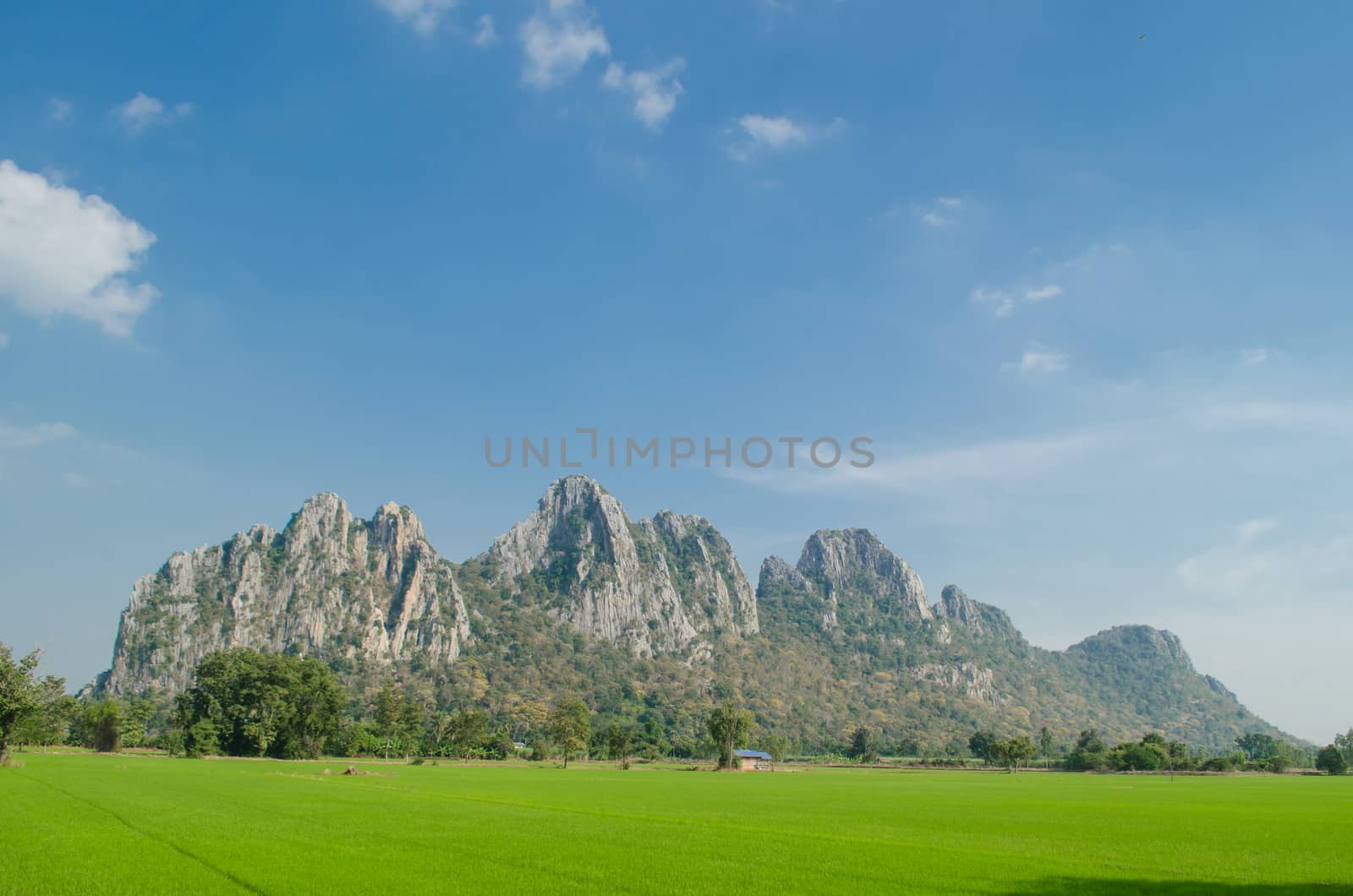 Kao Nor Kao Kawg is limestone mountain in Nakon sawan Province and have green paddy ,blue sky