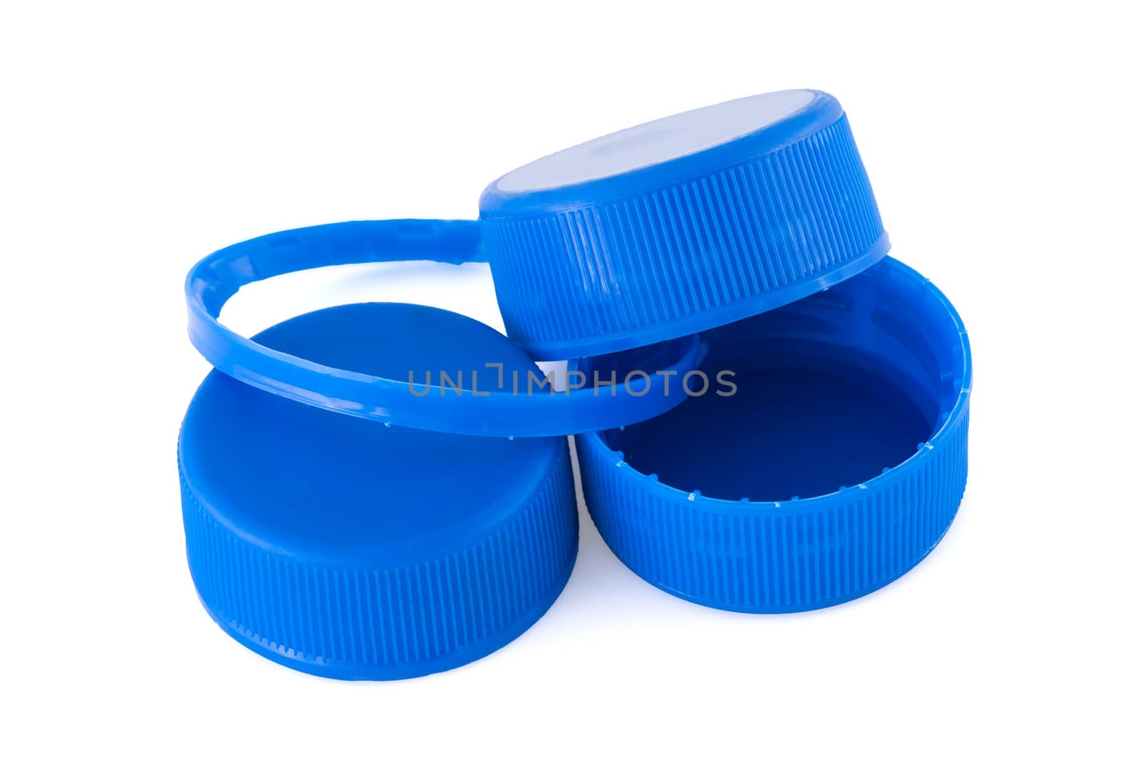 Three blue plastic bottle caps by Gbuglok